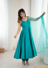 teal yoke fancy lace roman silk chanderi gown