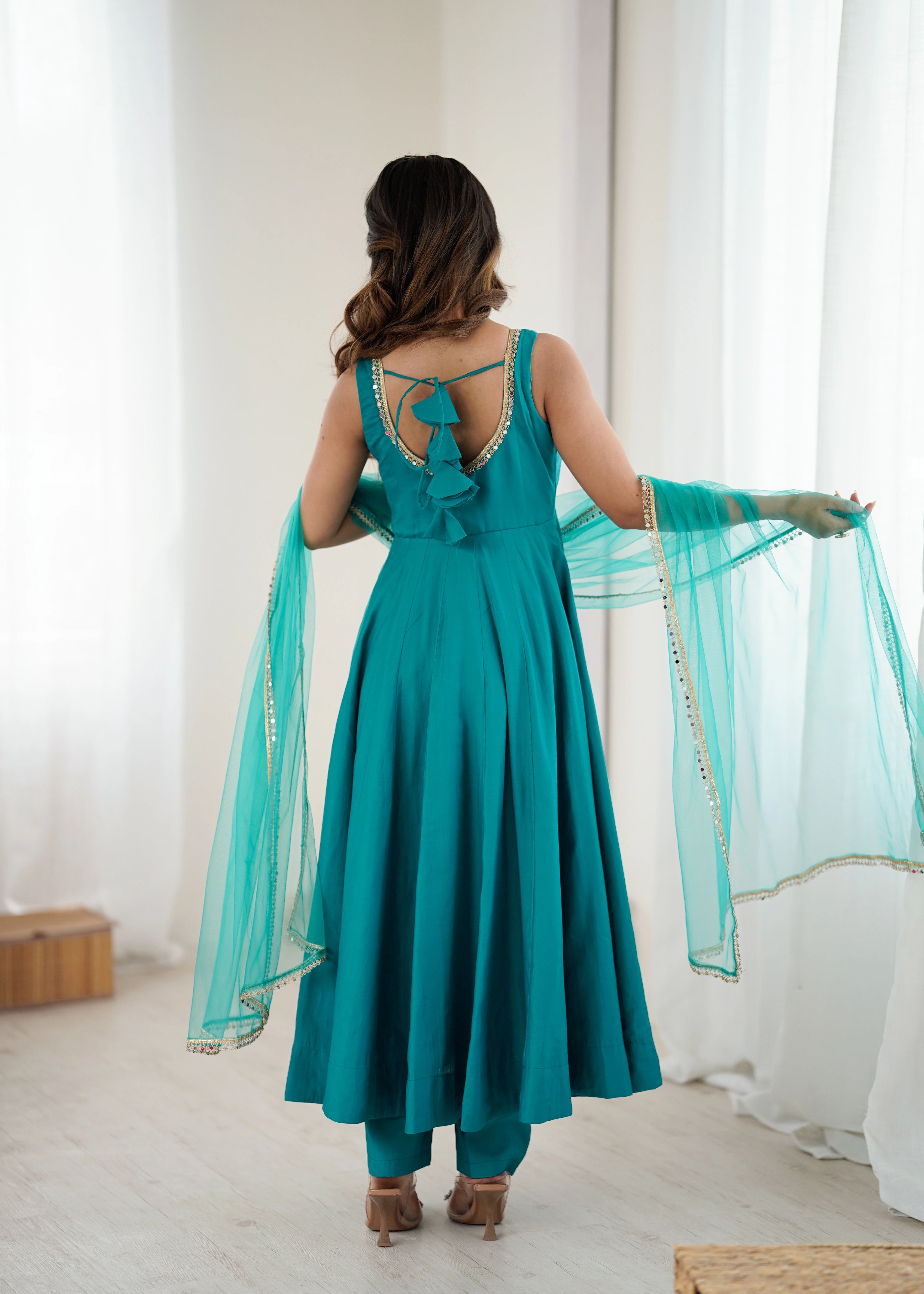 teal yoke fancy lace roman silk chanderi gown