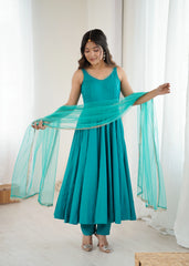teal yoke fancy lace roman silk chanderi gown