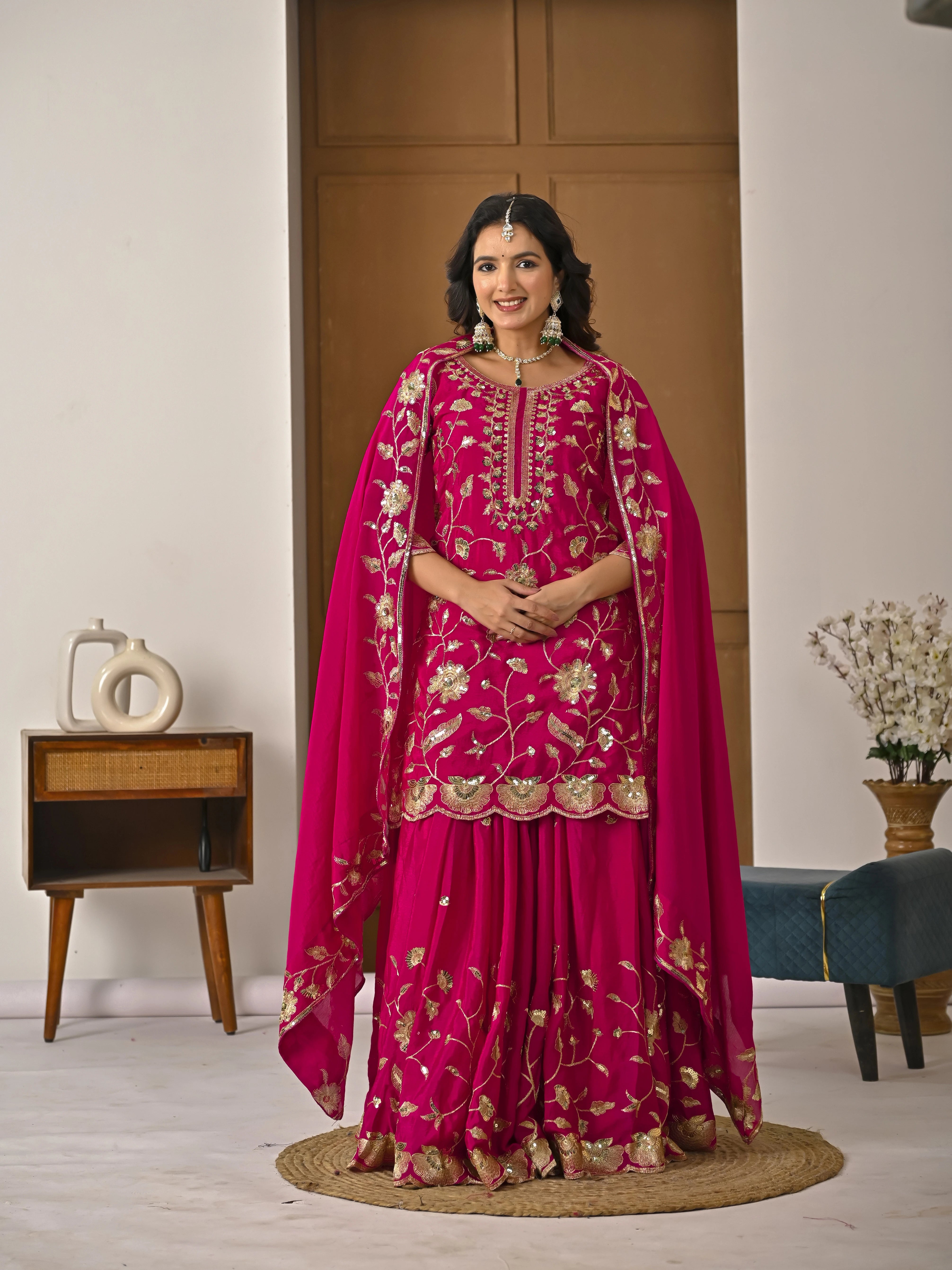 Dark Pink Chinon Silk Lehenga