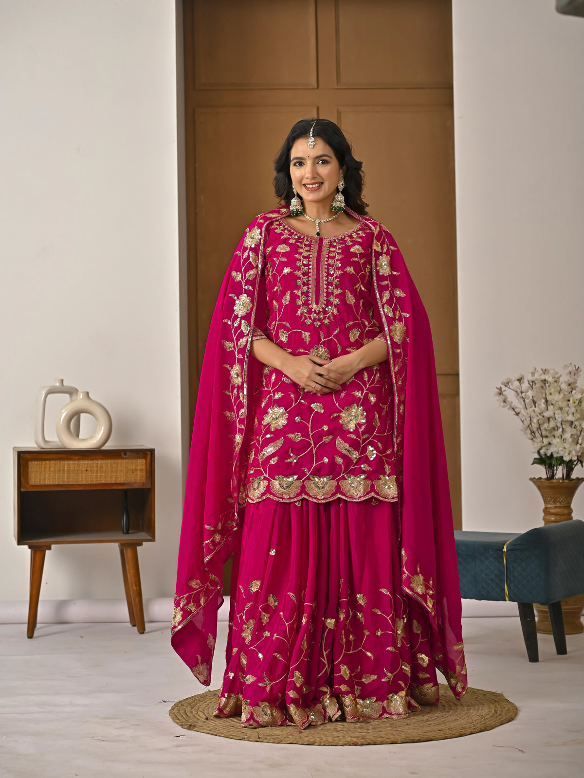Dark Pink Chinon Silk Lehenga