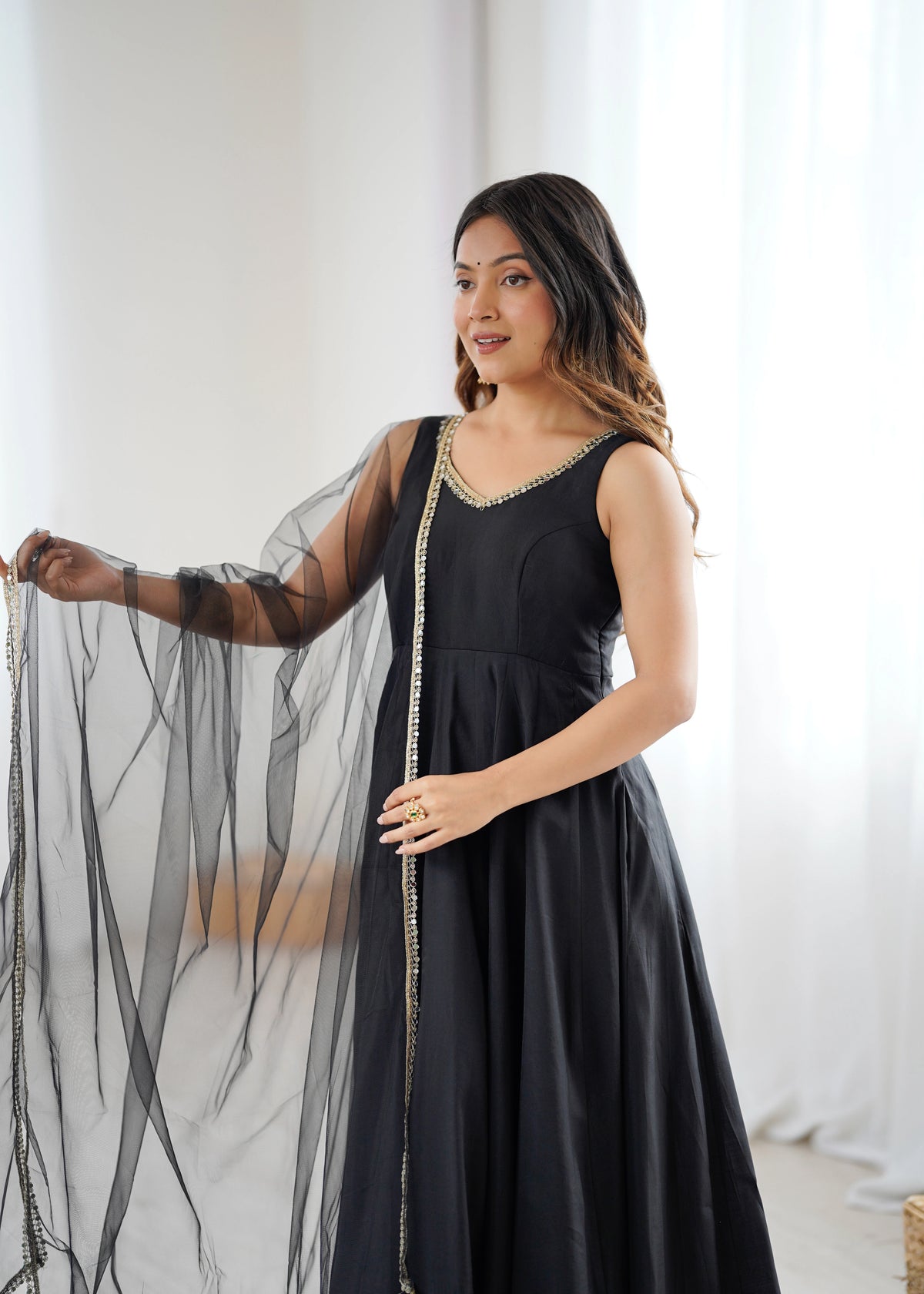 Black mirror-work Chanderi Anarkali suit set – Kalyanja
