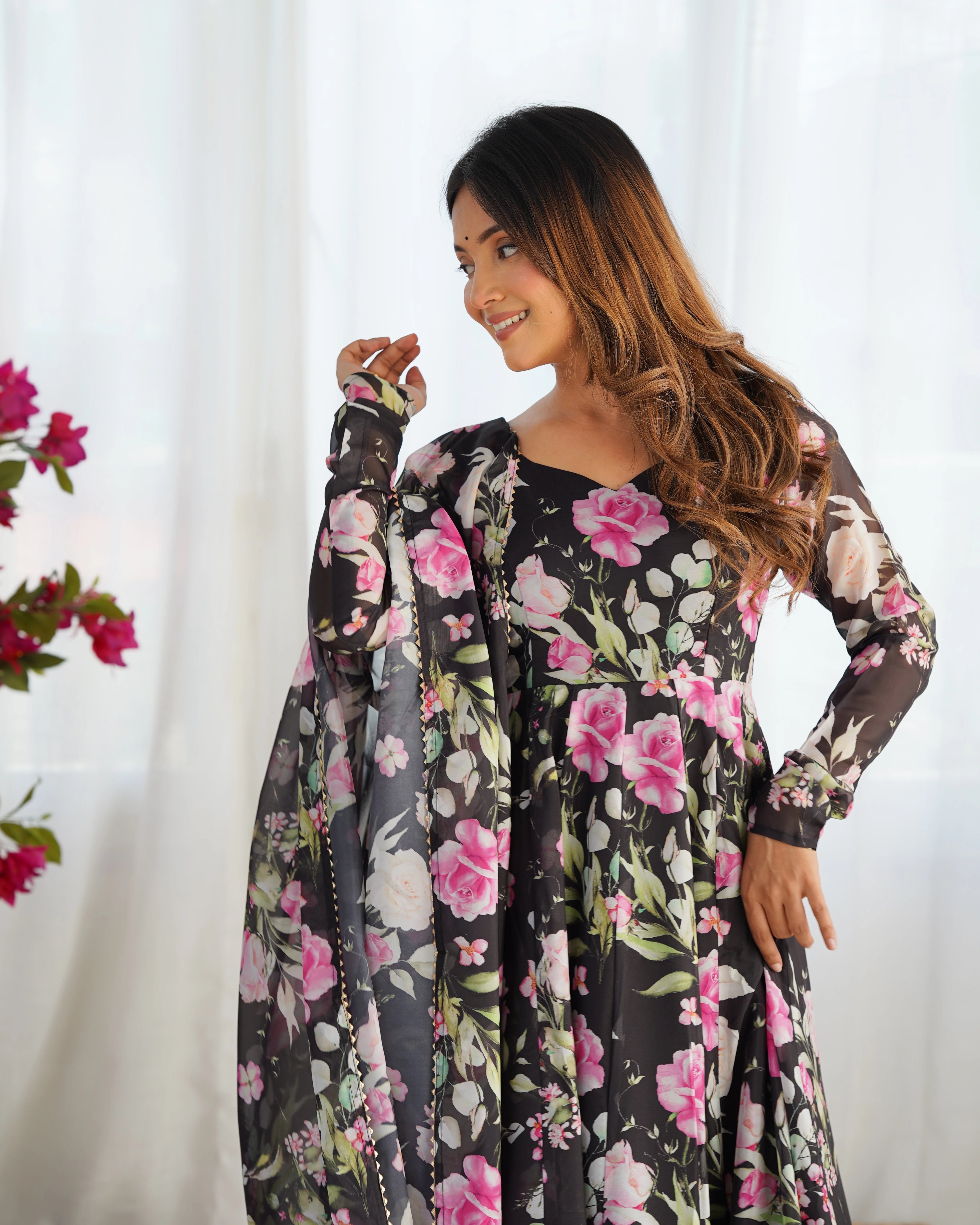 Black Floral Printed Organza Silk Suit