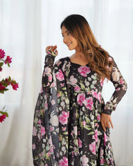 Black Floral Printed Organza Silk Suit