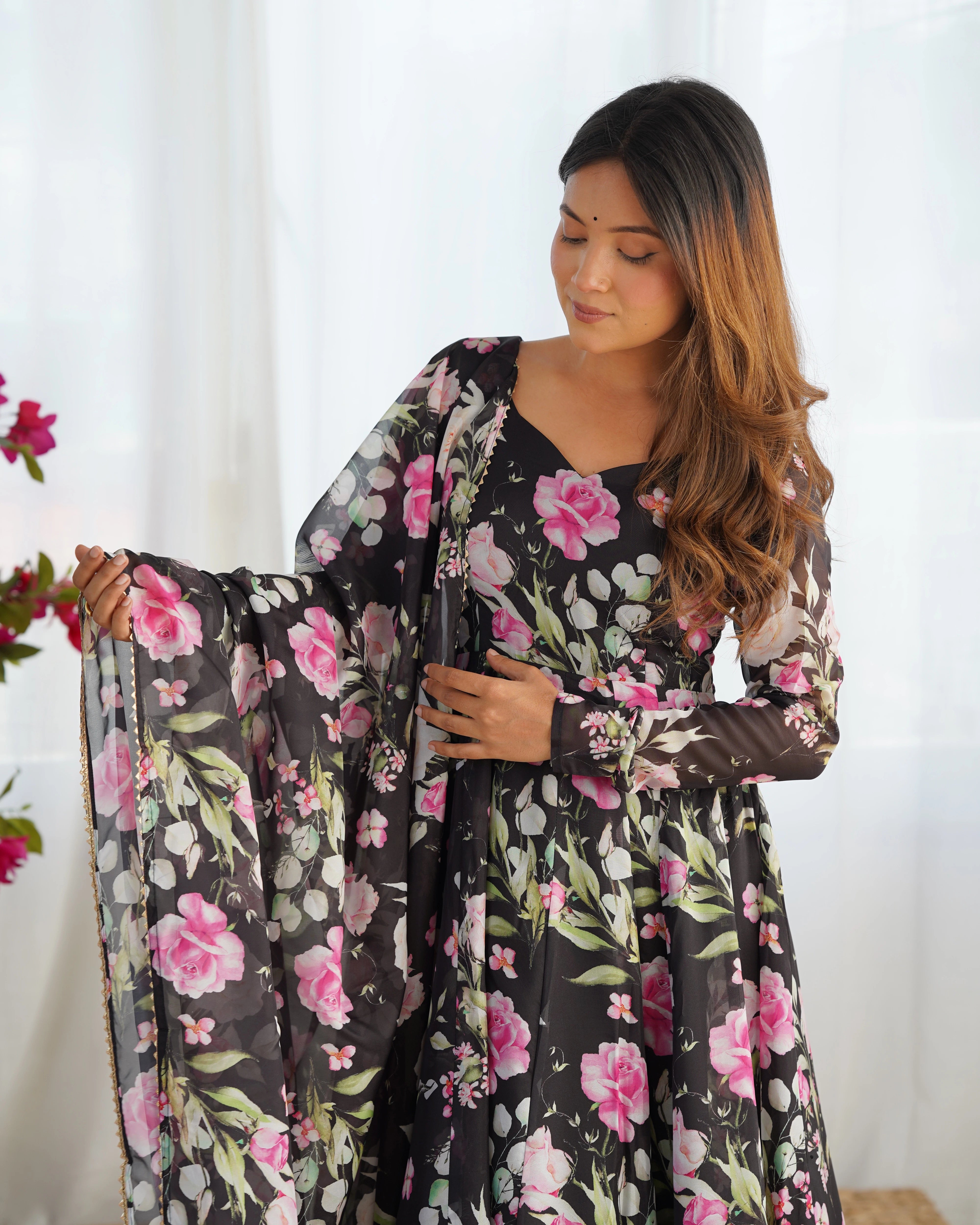 Black Floral Printed Organza Silk Suit