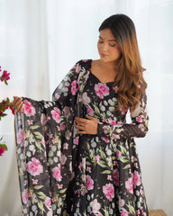 Black Floral Printed Organza Silk Suit