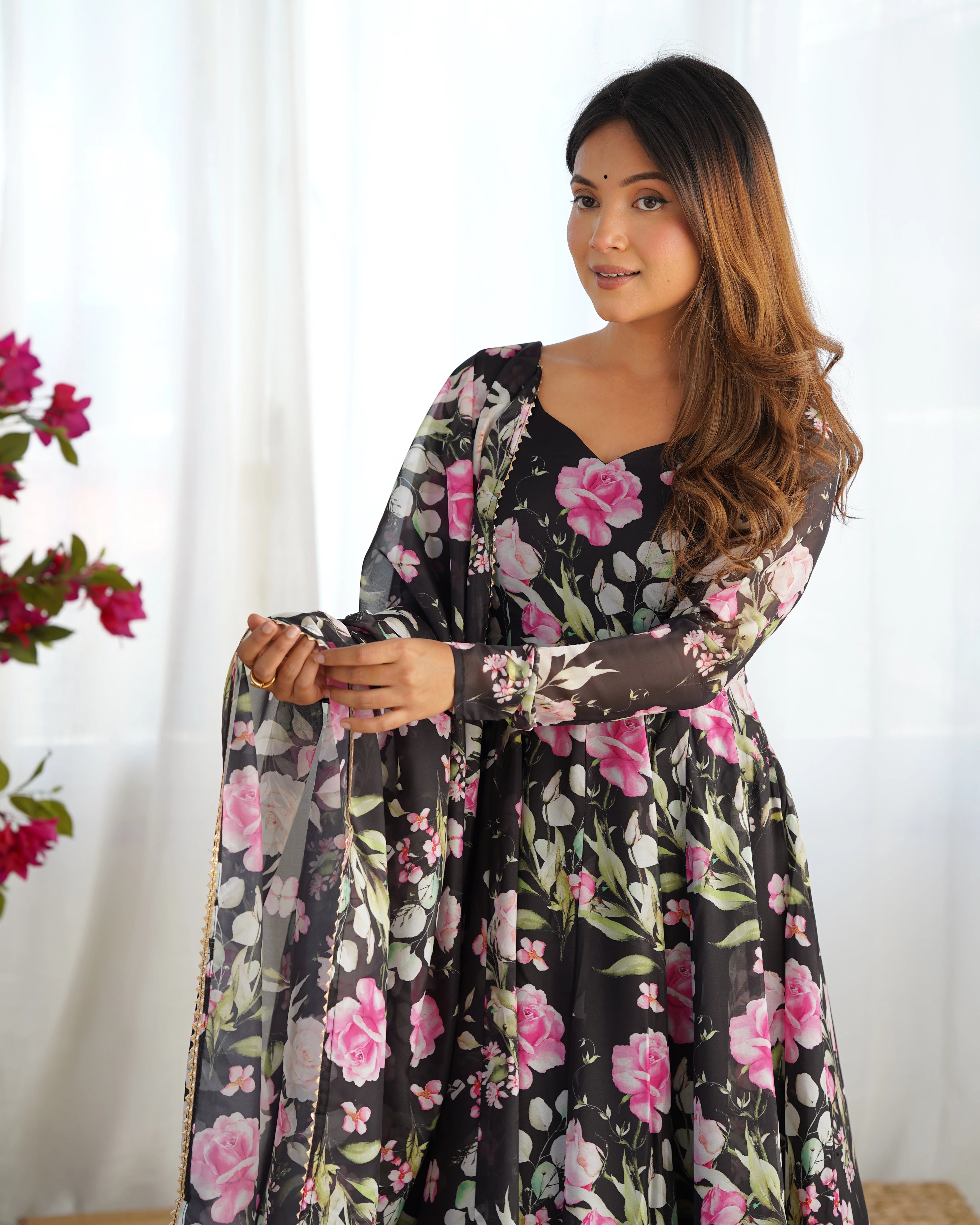 Black Floral Printed Organza Silk Suit