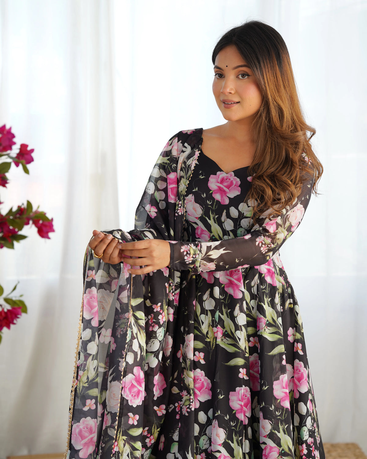 Black Floral Printed Organza Silk Suit – Kalyanja
