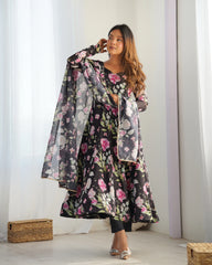 Black Floral Printed Organza Silk Suit