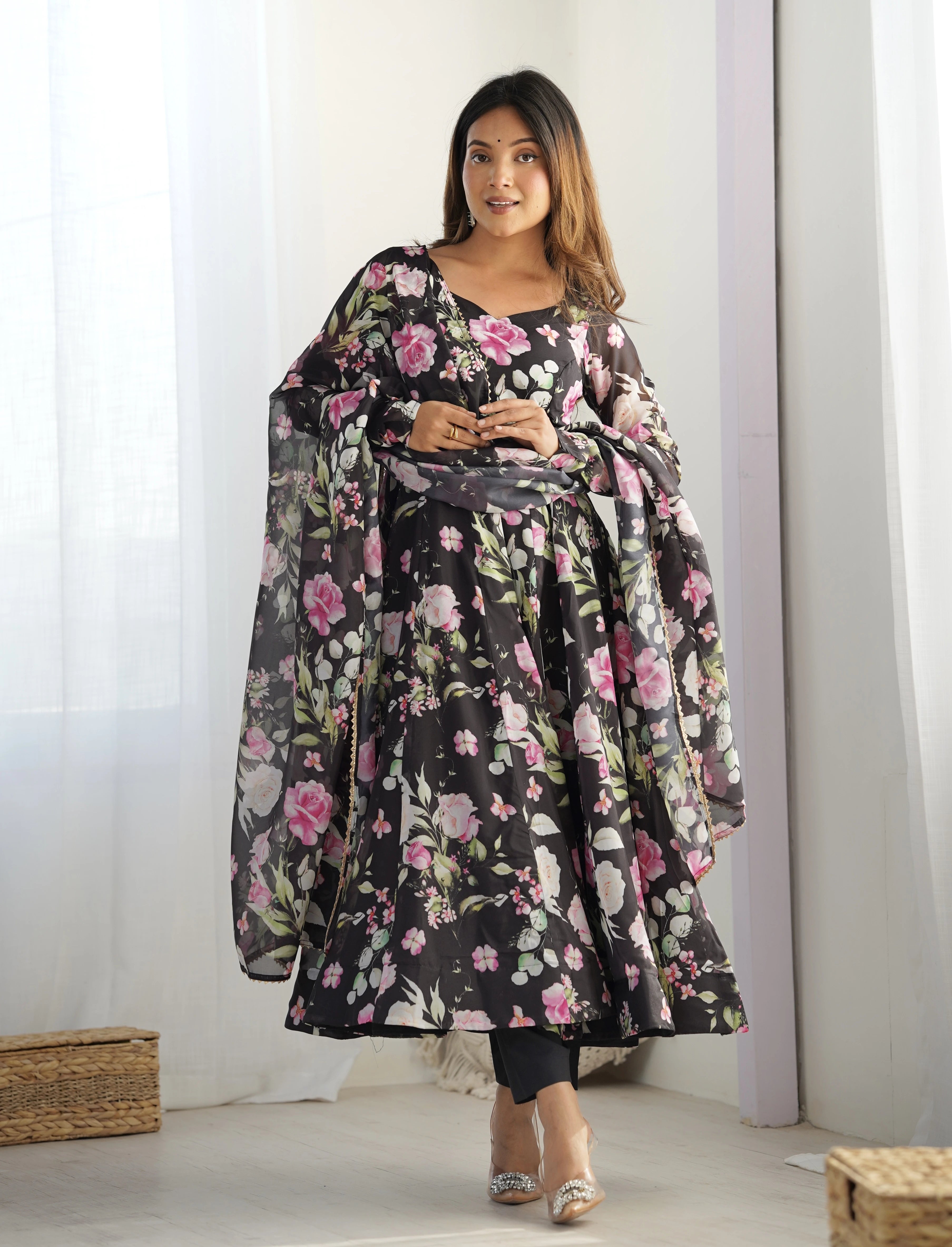 Black Floral Printed Organza Silk Suit