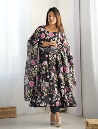 Black Floral Printed Organza Silk Suit