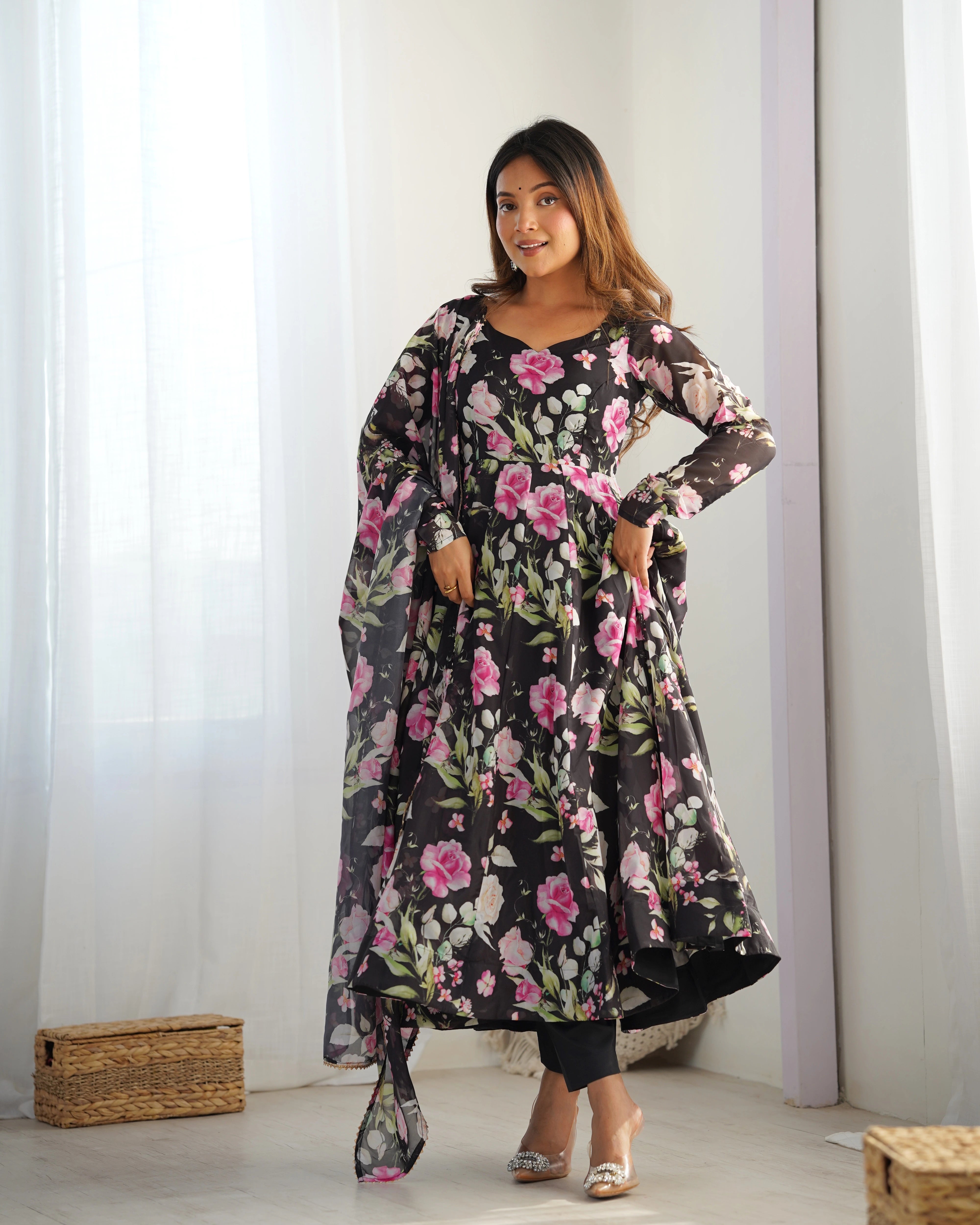 Black Floral Printed Organza Silk Suit