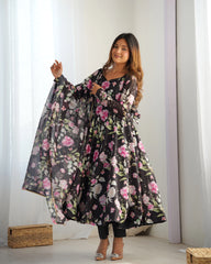 Black Floral Printed Organza Silk Suit