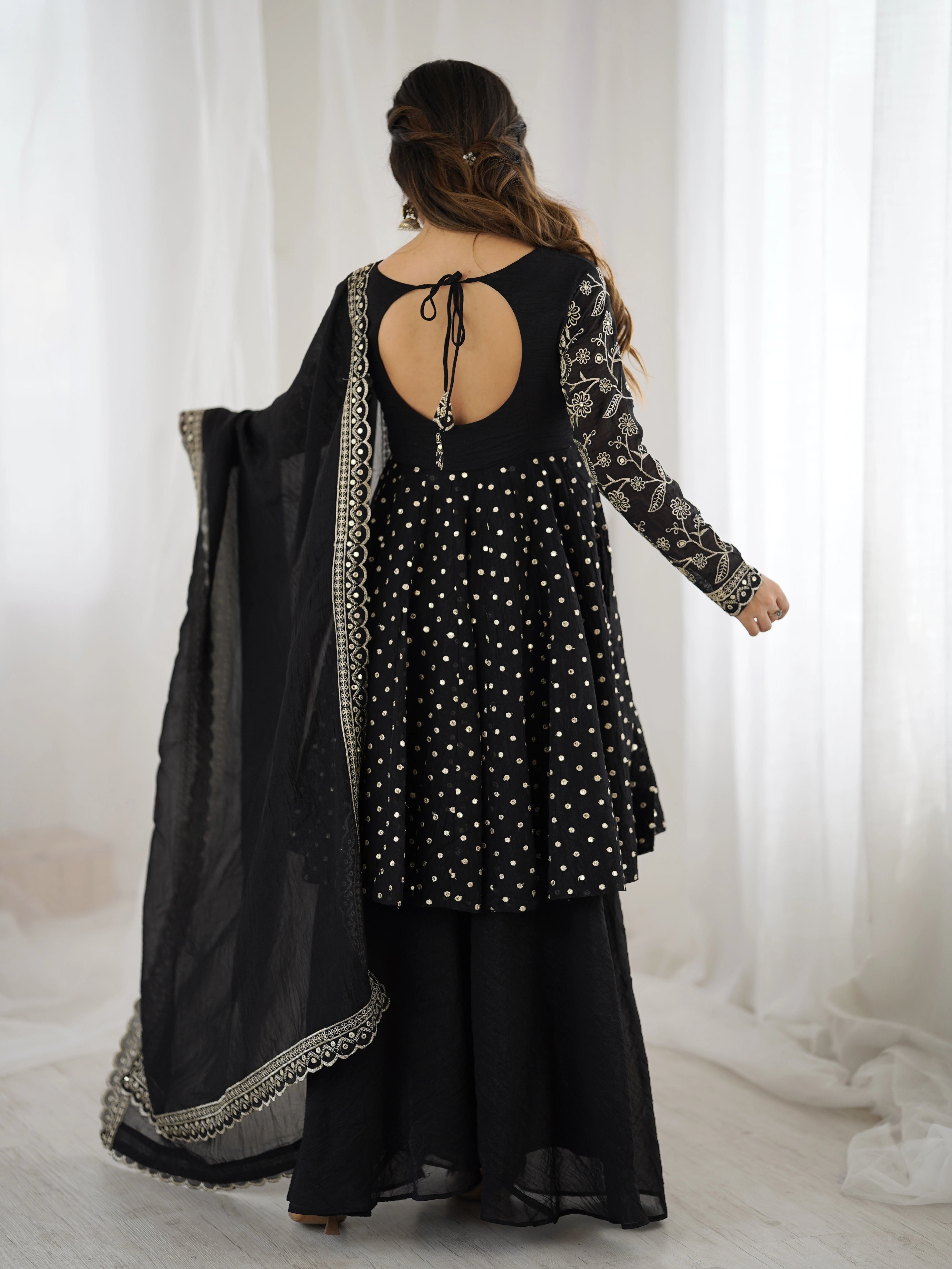 Black Embroidery Sequin Work Crunchy Silk Suit