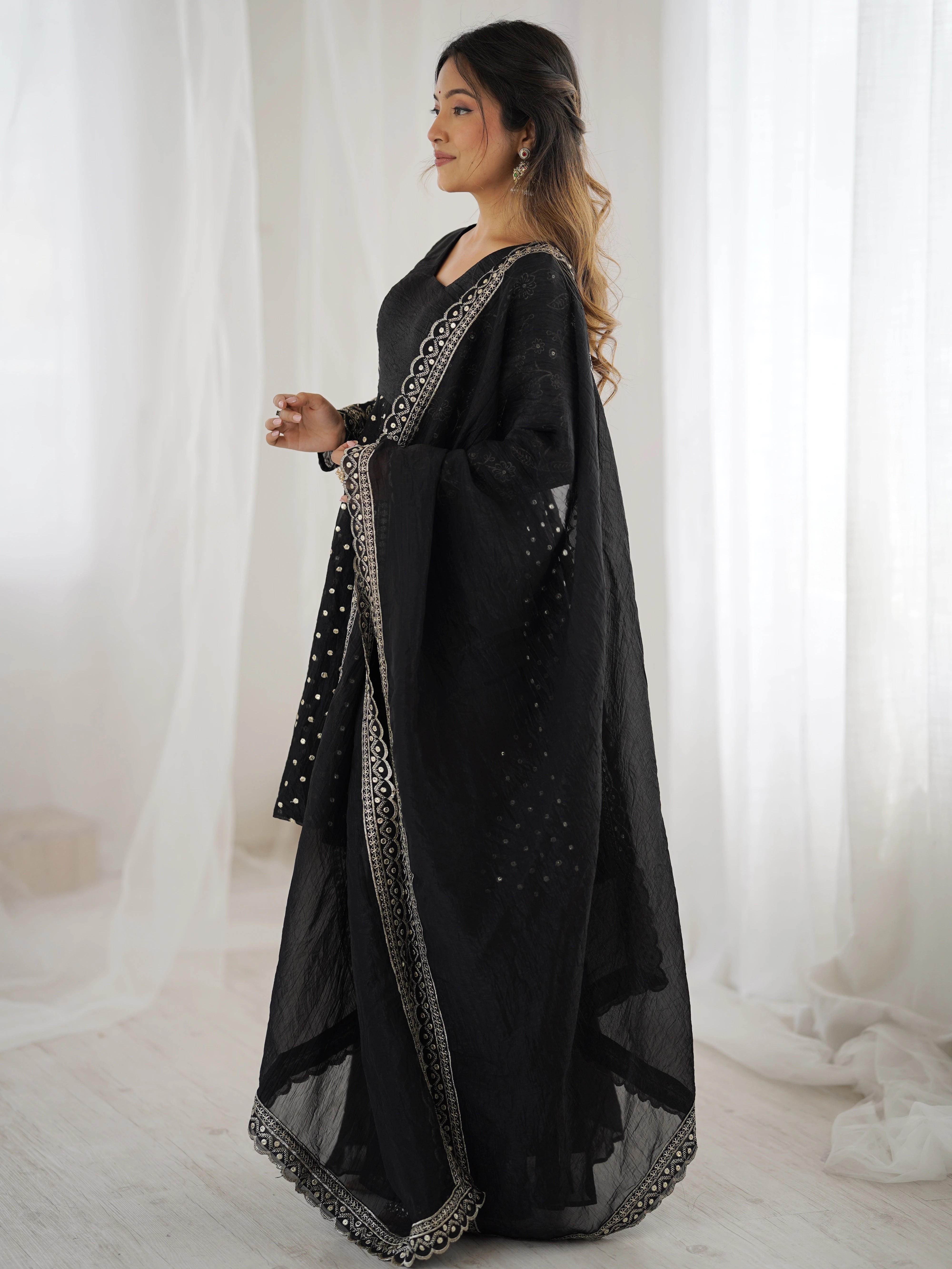 Black Embroidery Sequin Work Crunchy Silk Suit