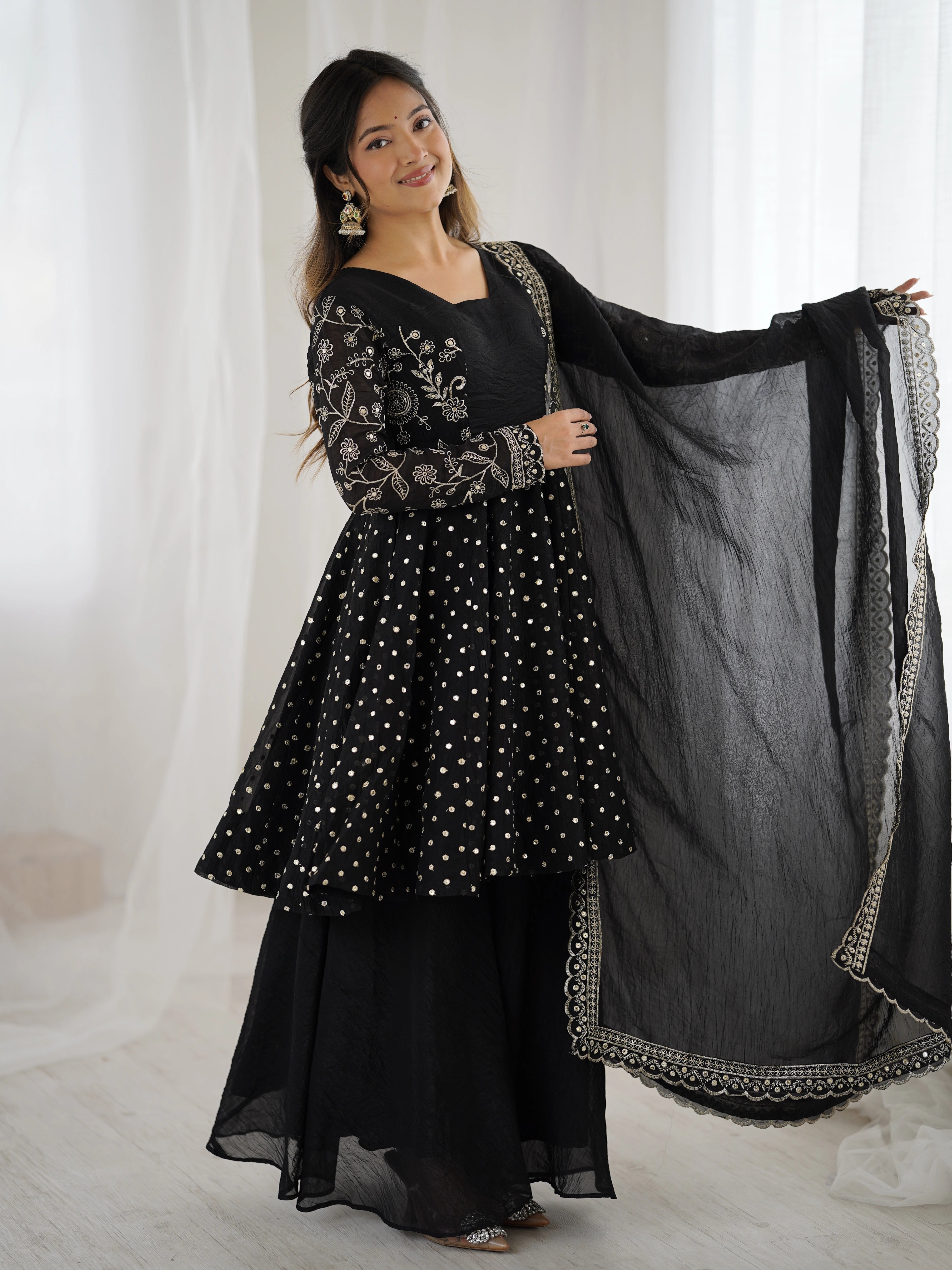 Black Embroidery Sequin Work Crunchy Silk Suit
