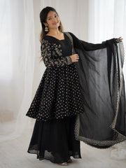 Black Embroidery Sequin Work Crunchy Silk Suit