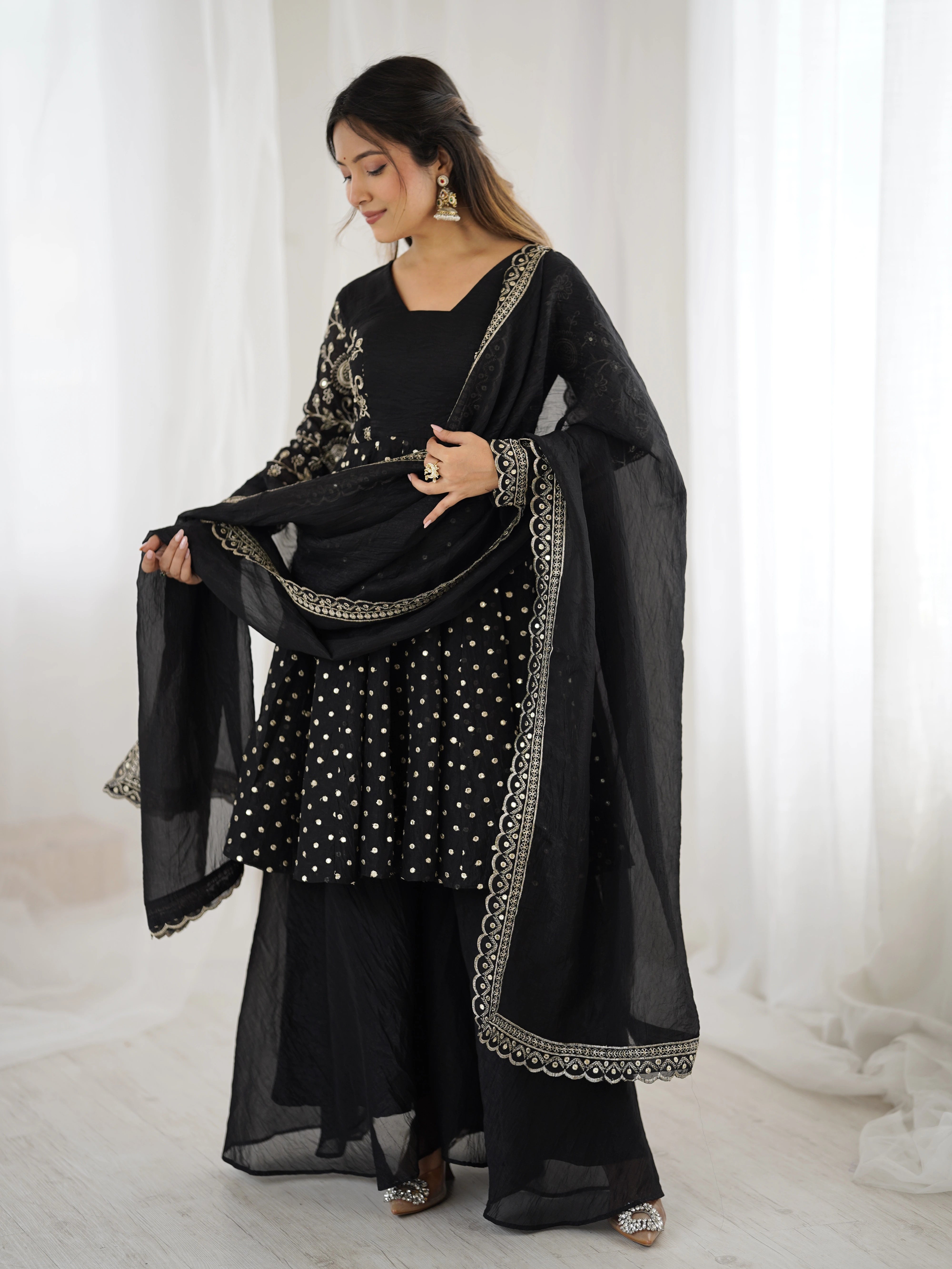 Black Embroidery Sequin Work Crunchy Silk Suit