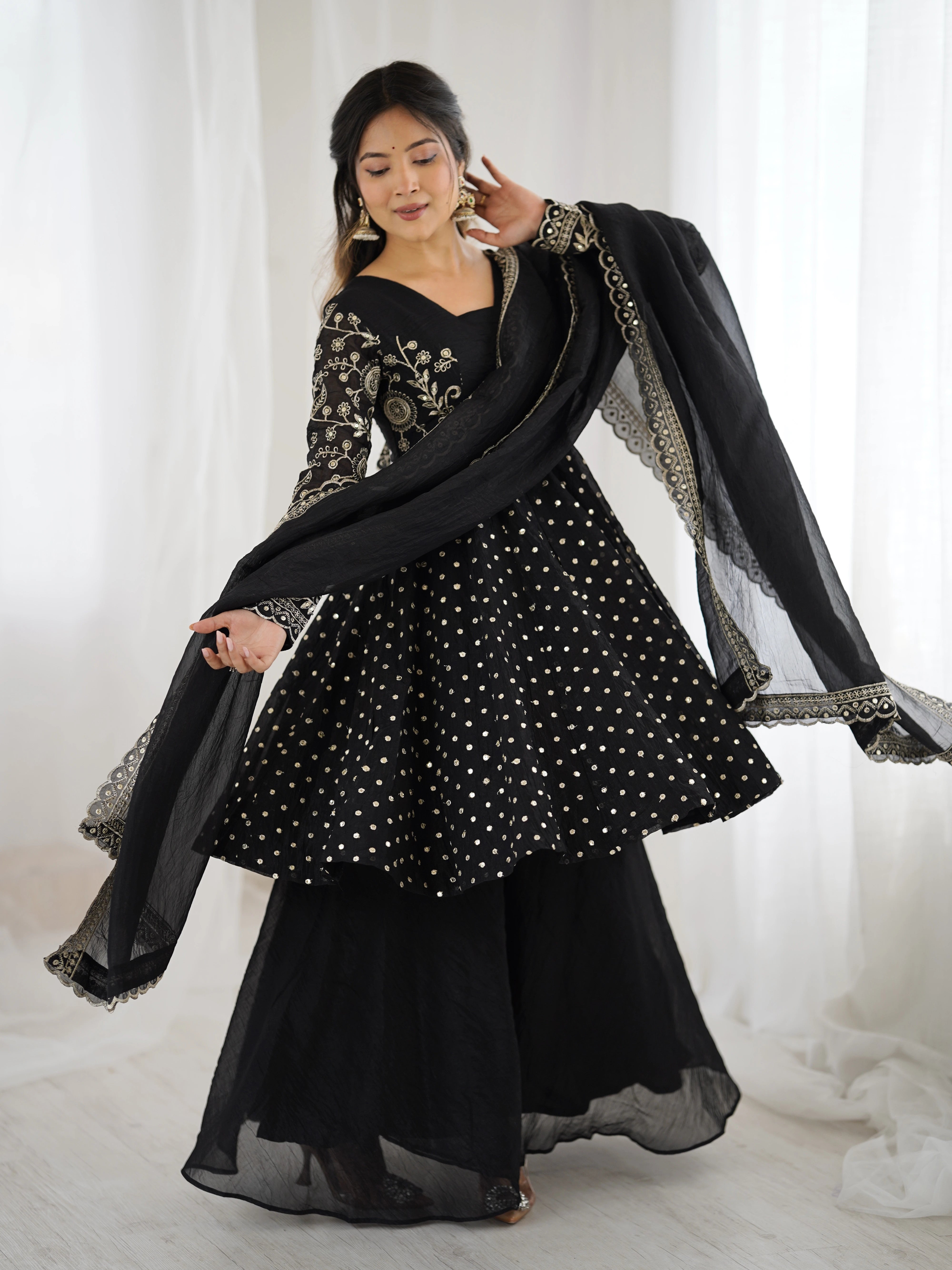 Black Embroidery Sequin Work Crunchy Silk Suit