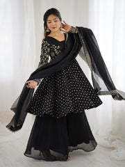 Black Embroidery Sequin Work Crunchy Silk Suit