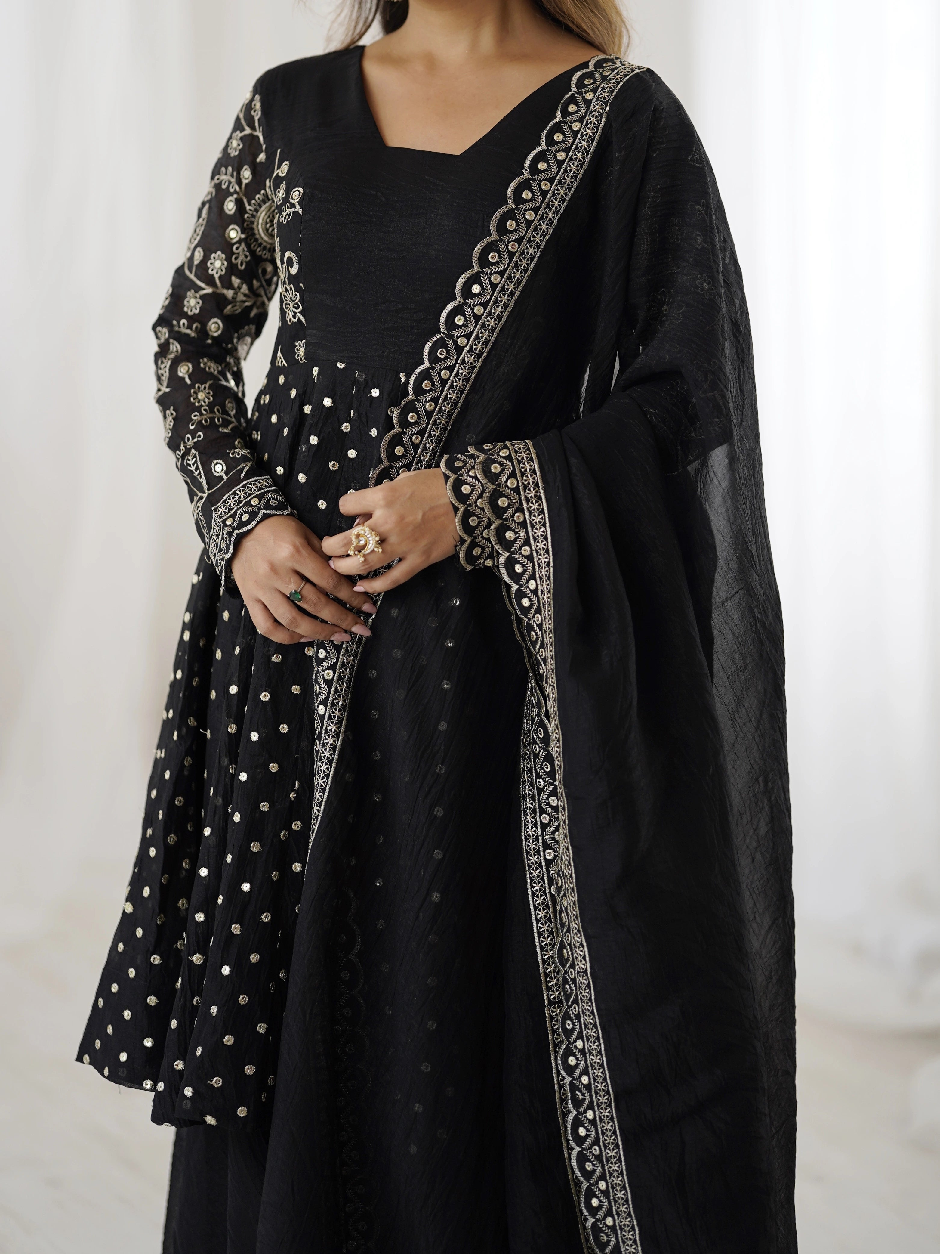 Black Embroidery Sequin Work Crunchy Silk Suit