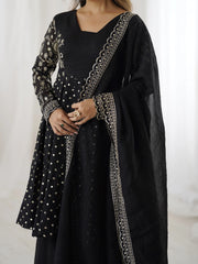 Black Embroidery Sequin Work Crunchy Silk Suit