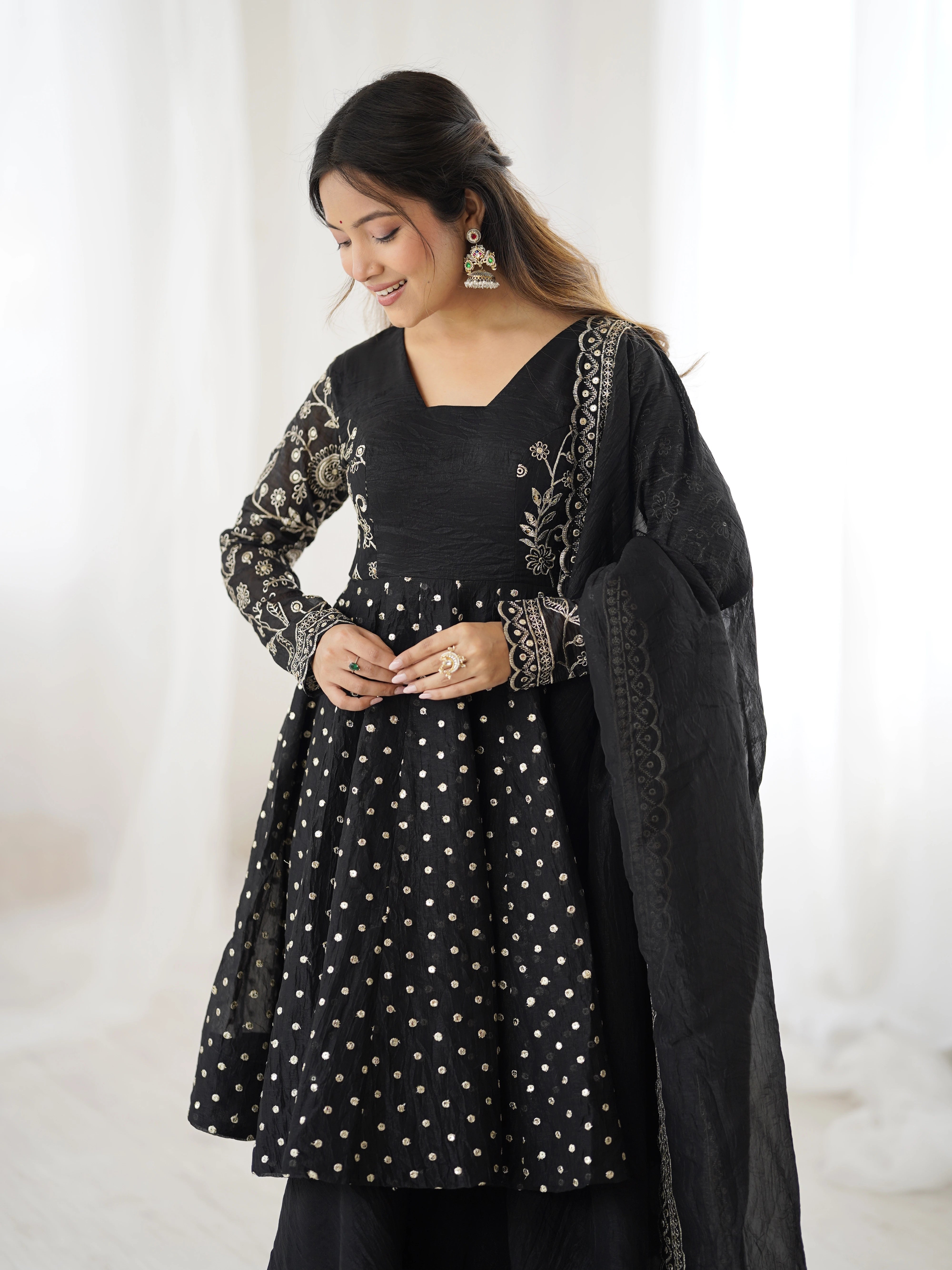 Black Embroidery Sequin Work Crunchy Silk Suit
