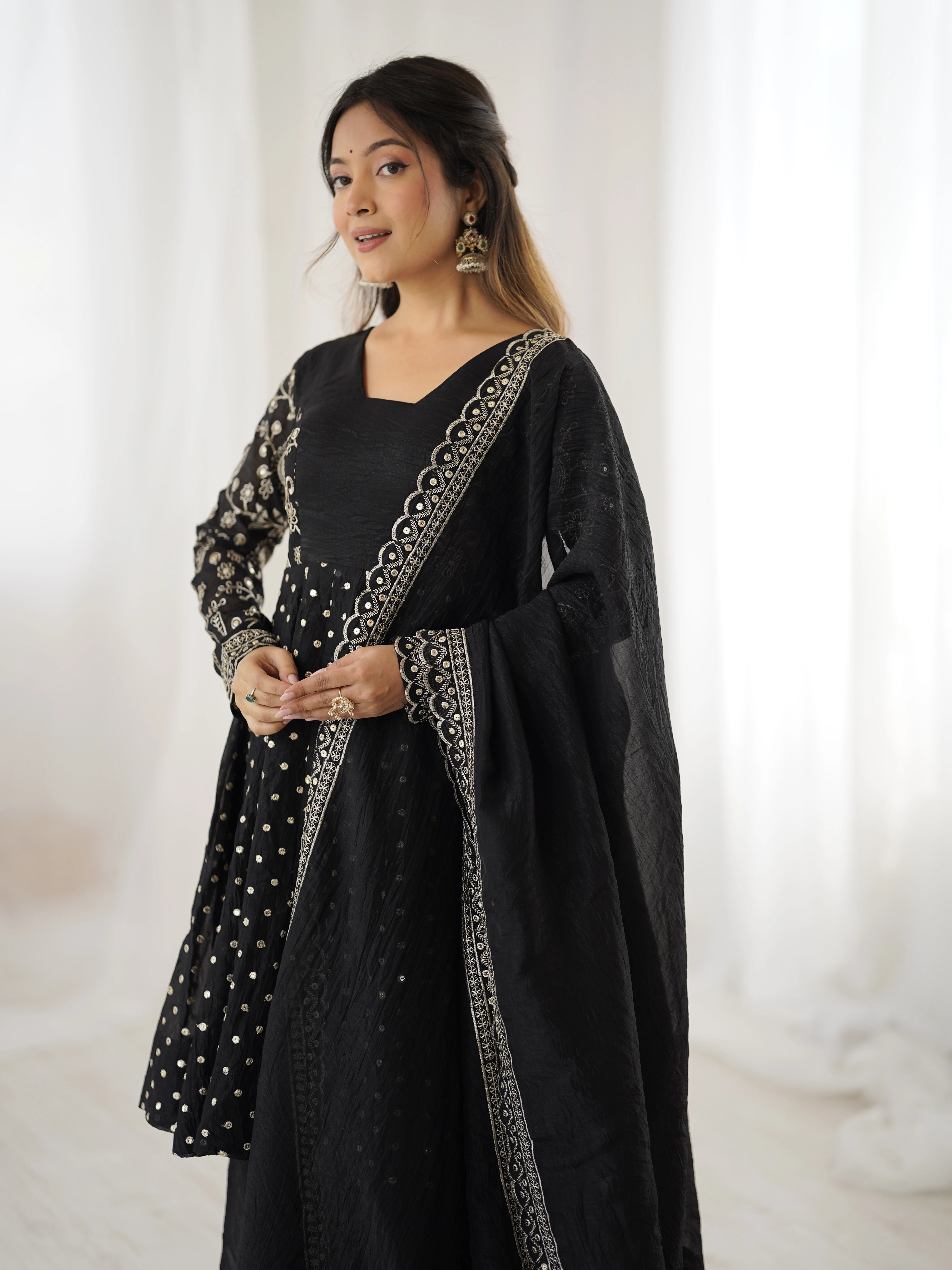 Black Embroidery Sequin Work Crunchy Silk Suit