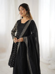 Black Embroidery Sequin Work Crunchy Silk Suit