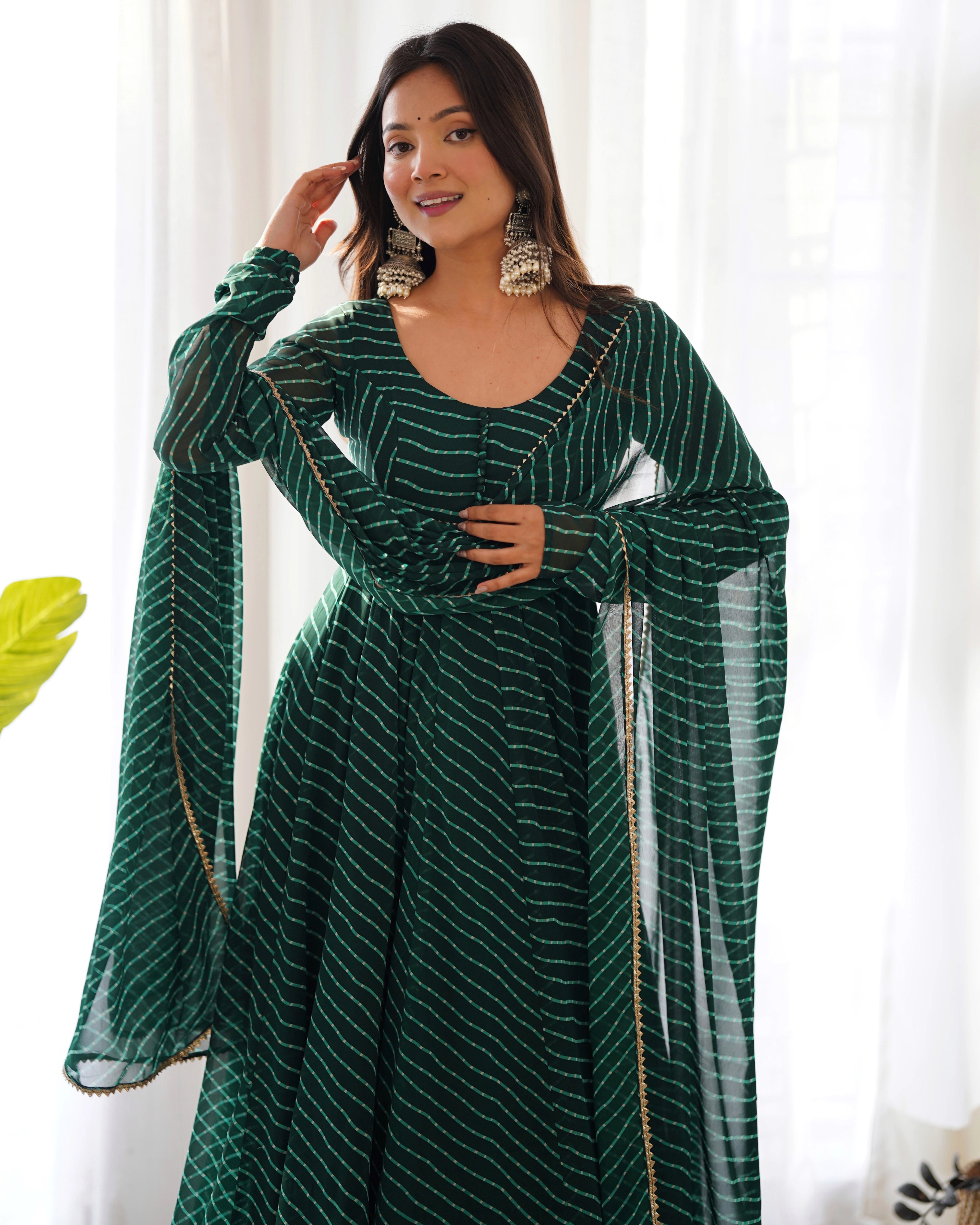 Dark Green Laheriya Print Fox Georgette Suit