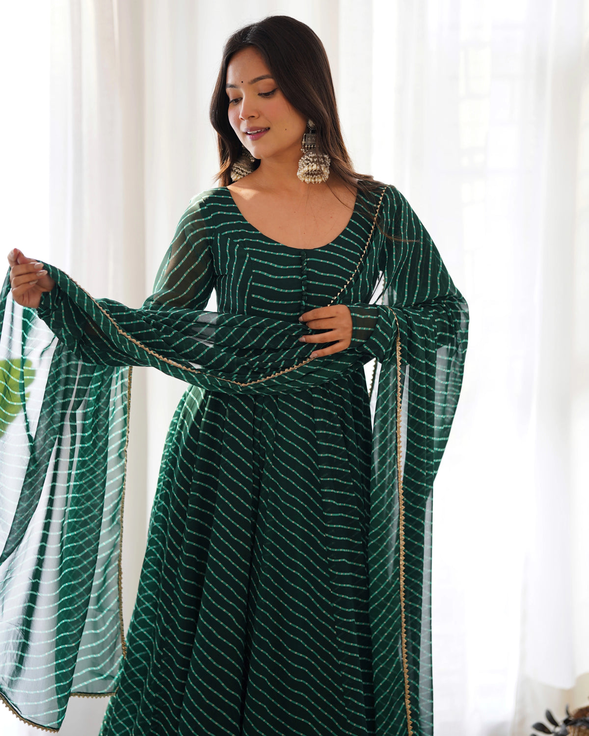 Dark Green Laheriya Print Fox Georgette Suit - kalyanja