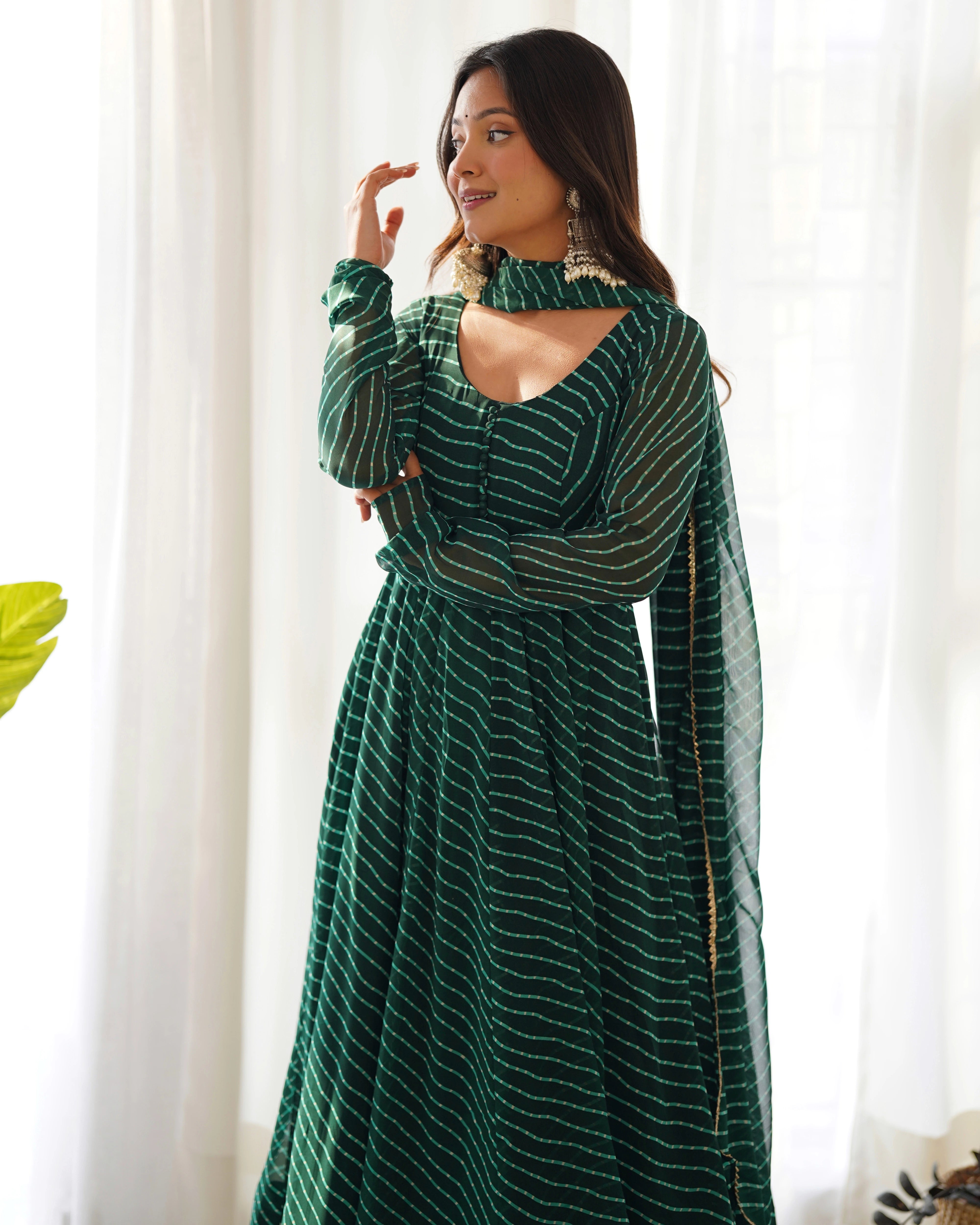Dark Green Laheriya Print Fox Georgette Suit