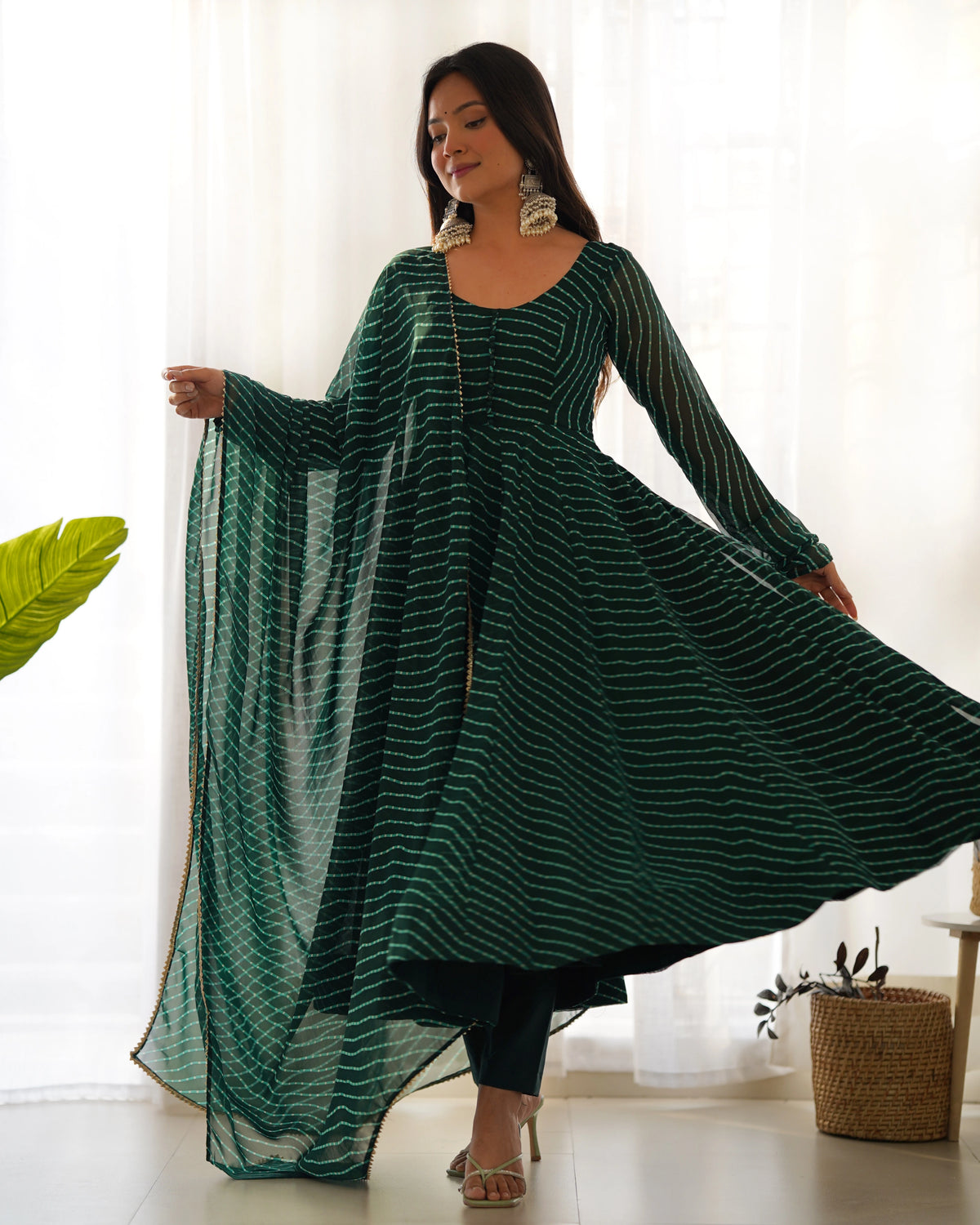 Dark Green Laheriya Print Fox Georgette Suit – Kalyanja