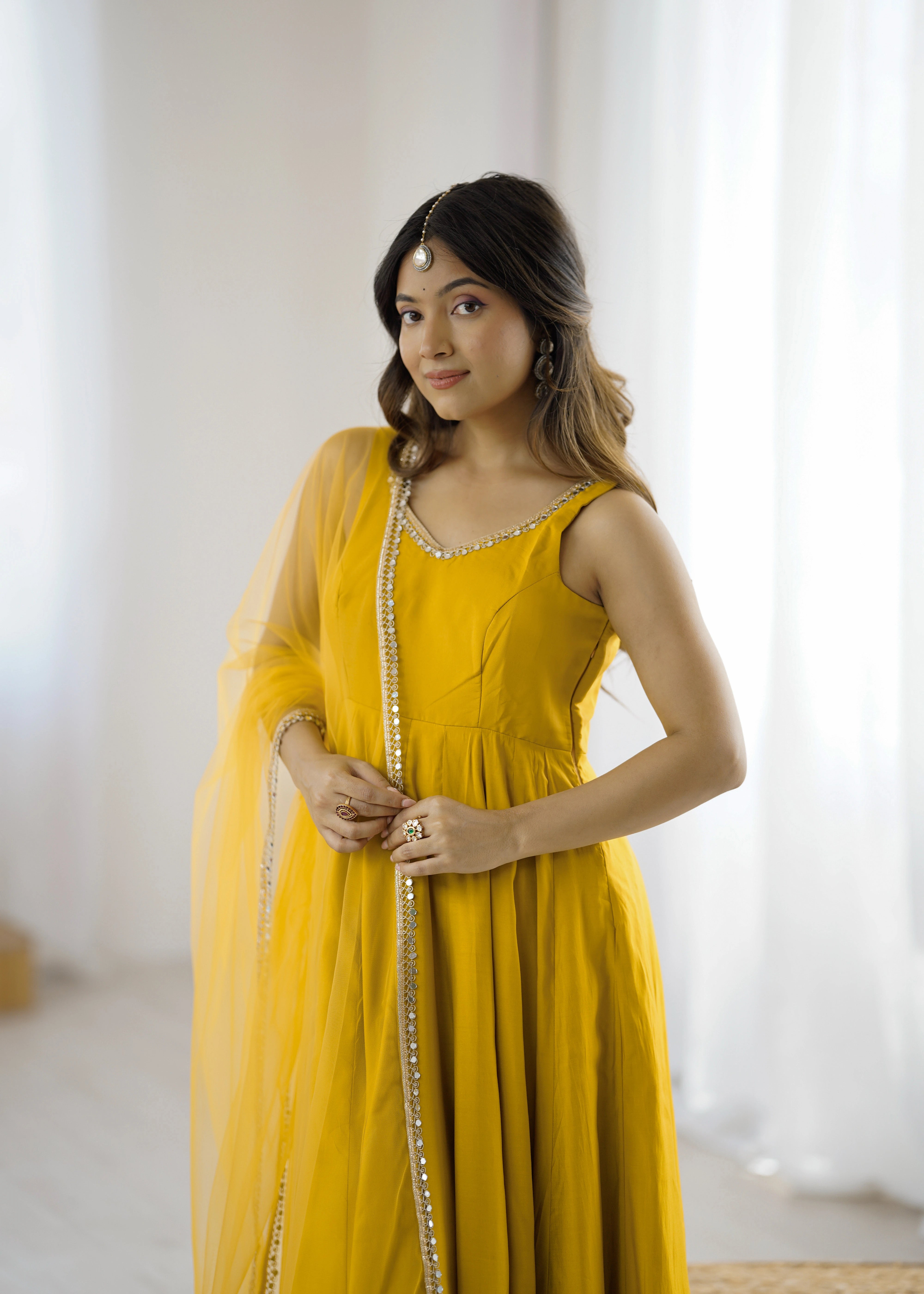 Mustard yellow mirror-work Chanderi Anarkali – Kalyanja.