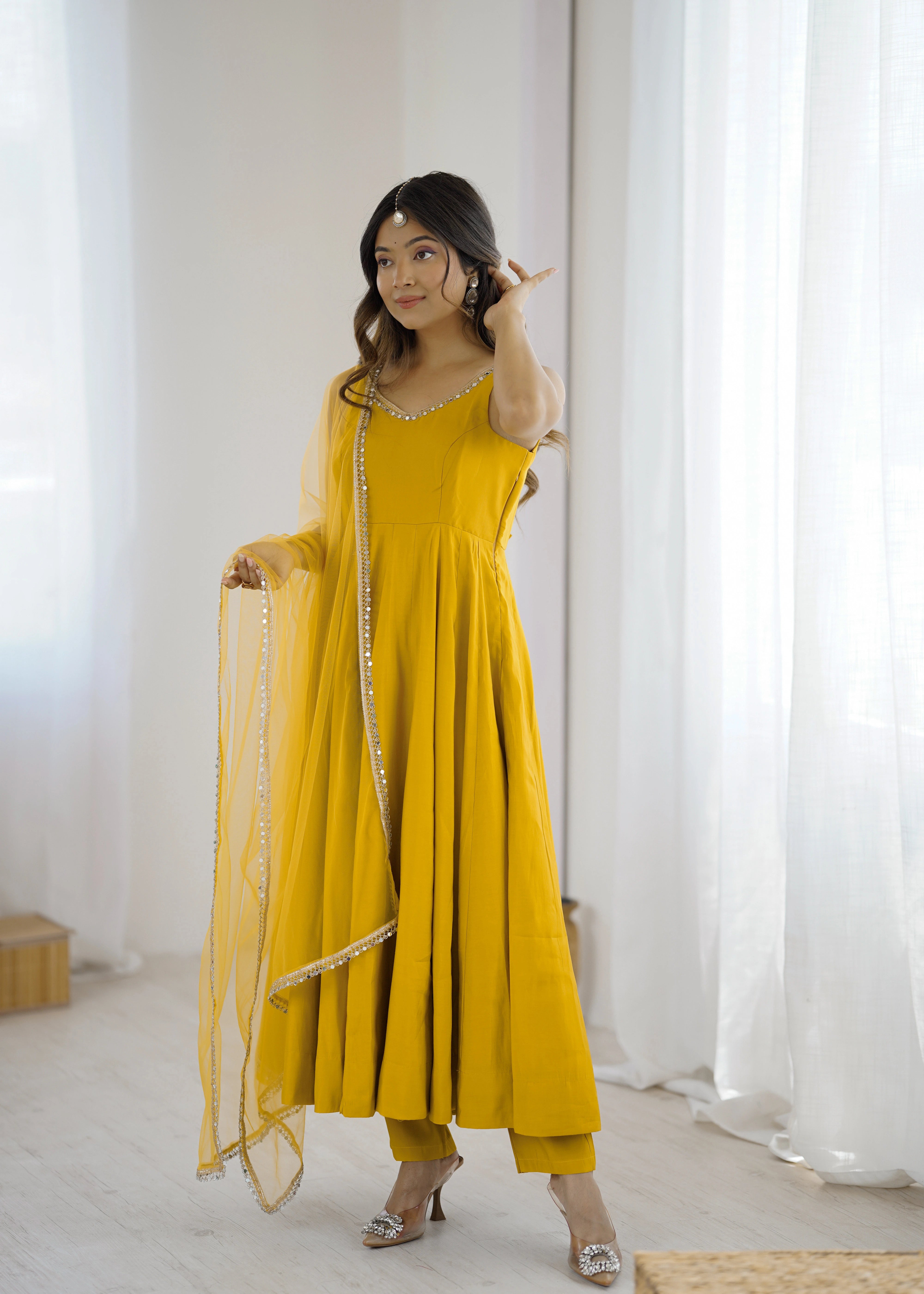 Mustard yellow mirror-work Chanderi Anarkali – Kalyanja.