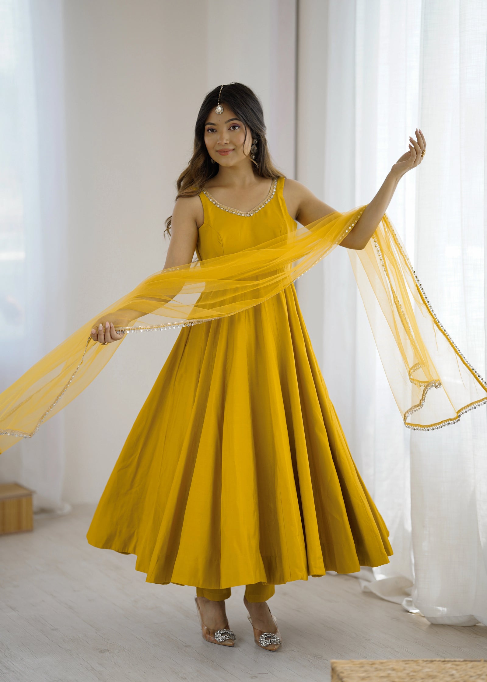 Mustard yellow mirror-work Chanderi Anarkali – Kalyanja.