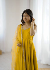 Mustard yellow mirror-work Chanderi Anarkali – Kalyanja.