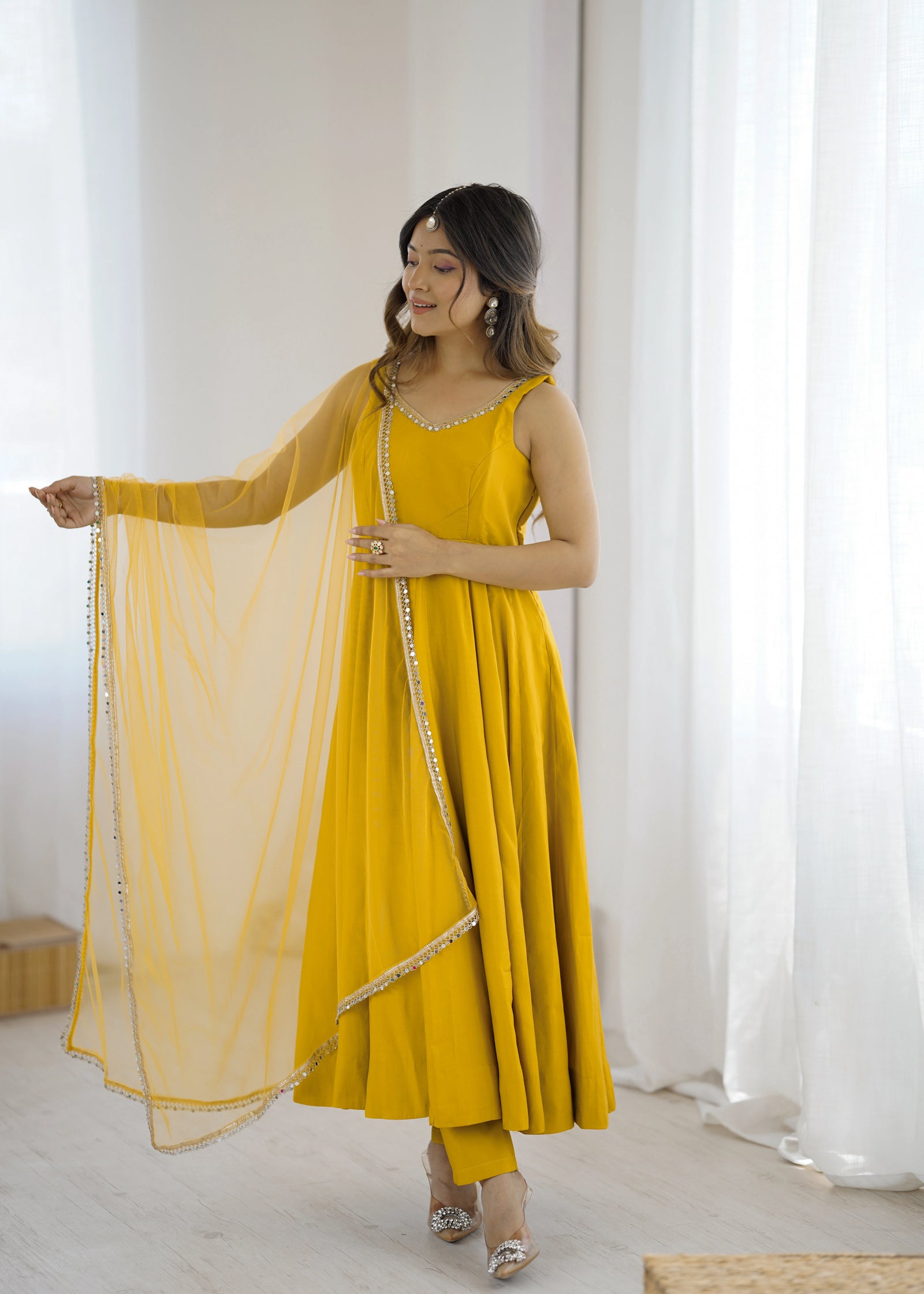 Mustard yellow mirror-work Chanderi Anarkali – Kalyanja.