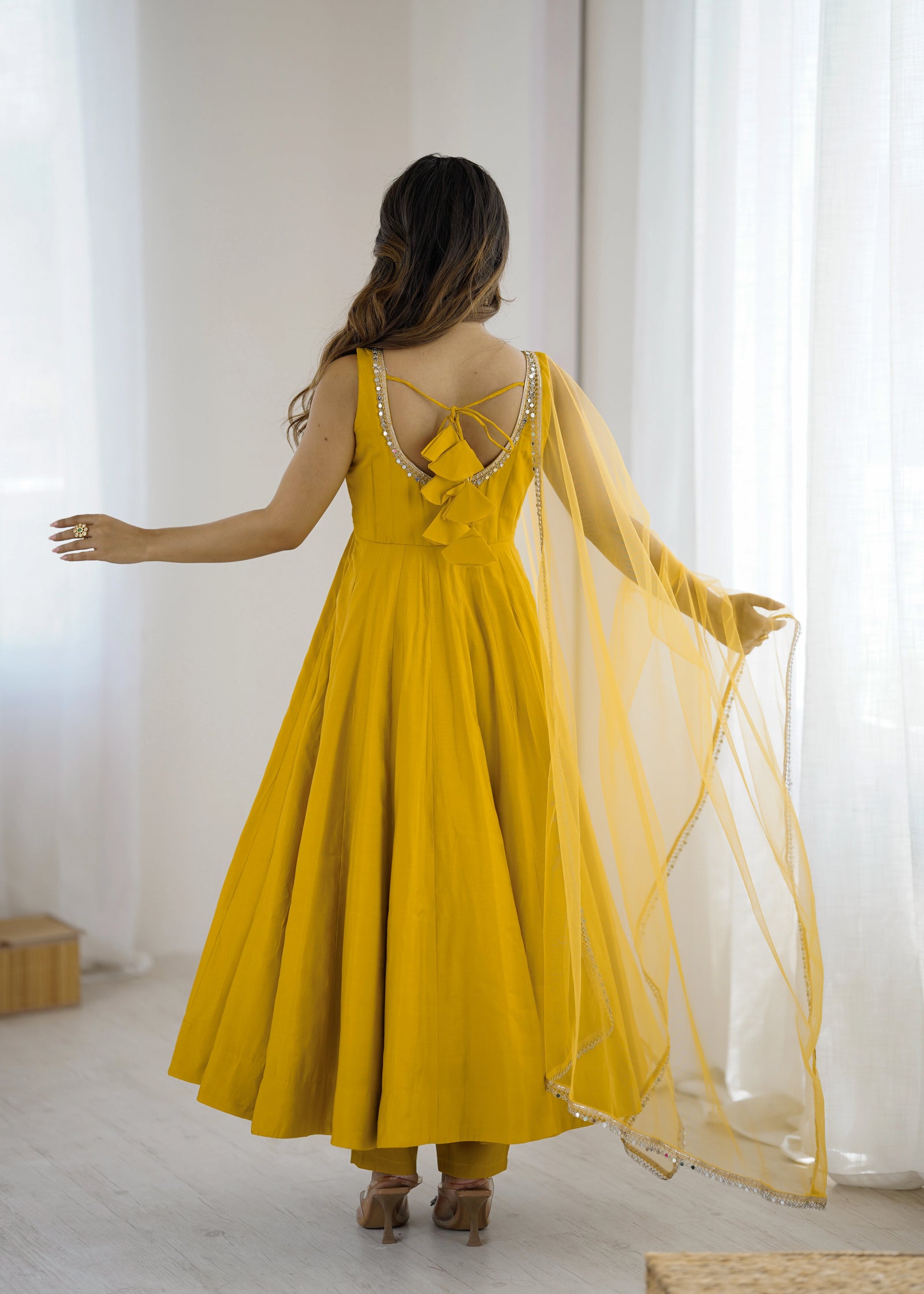 Mustard yellow mirror-work Chanderi Anarkali – Kalyanja.