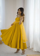 Mustard yellow mirror-work Chanderi Anarkali – Kalyanja.