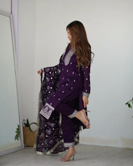 Purple Zari Embroidery & Sequin Work Rangoli Silk Suit