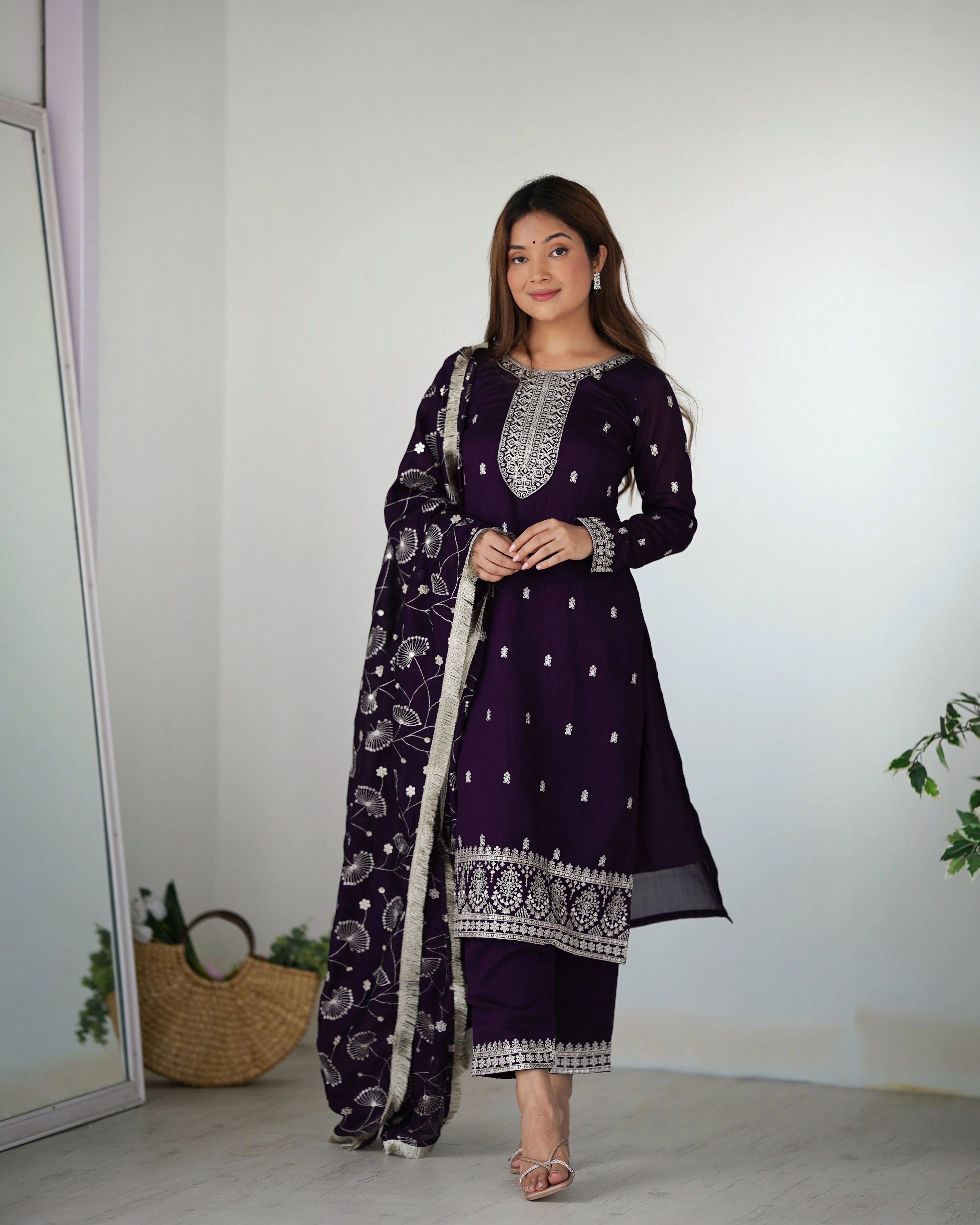 Purple Zari Embroidery & Sequin Work Rangoli Silk Suit