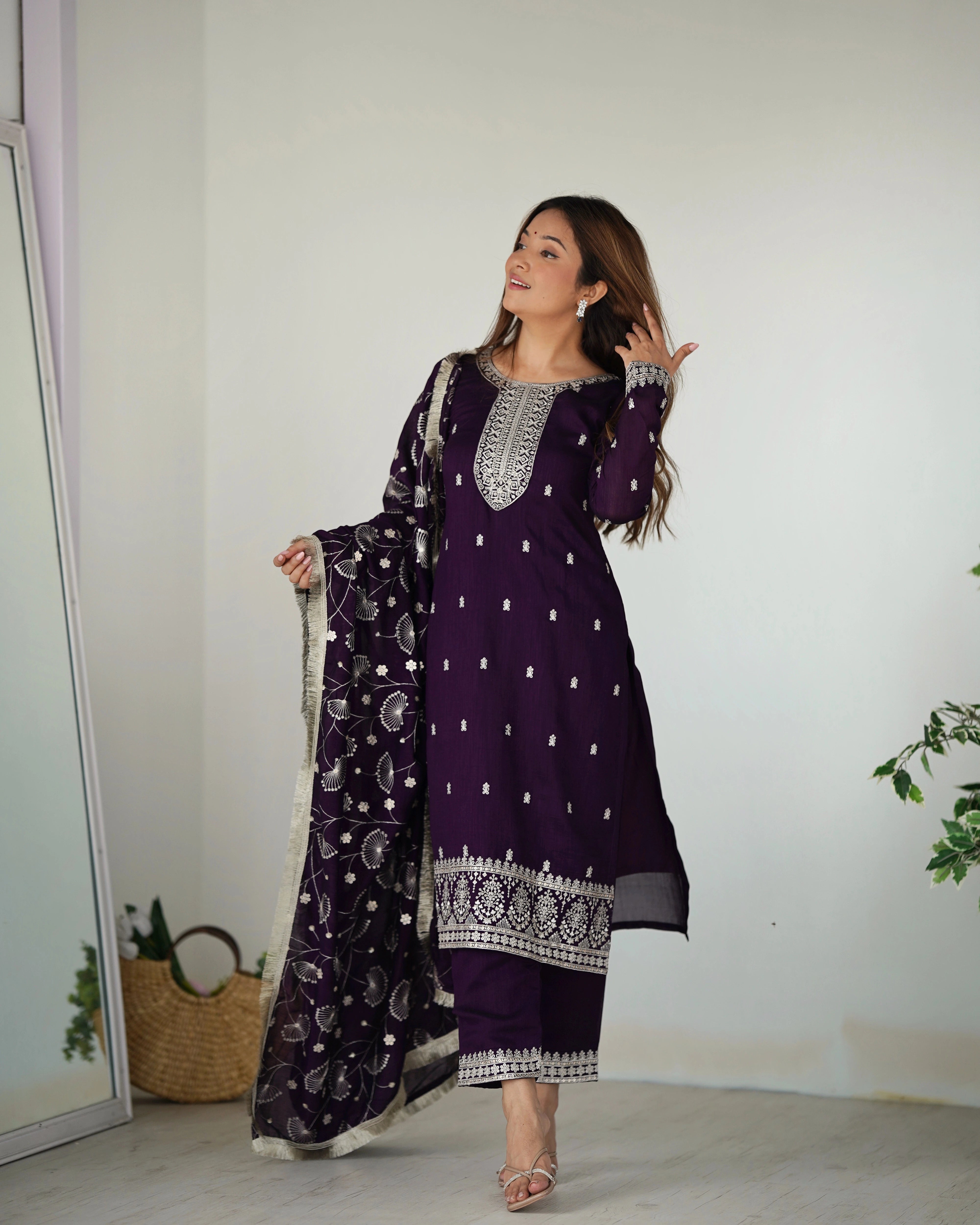 Purple Zari Embroidery & Sequin Work Rangoli Silk Suit