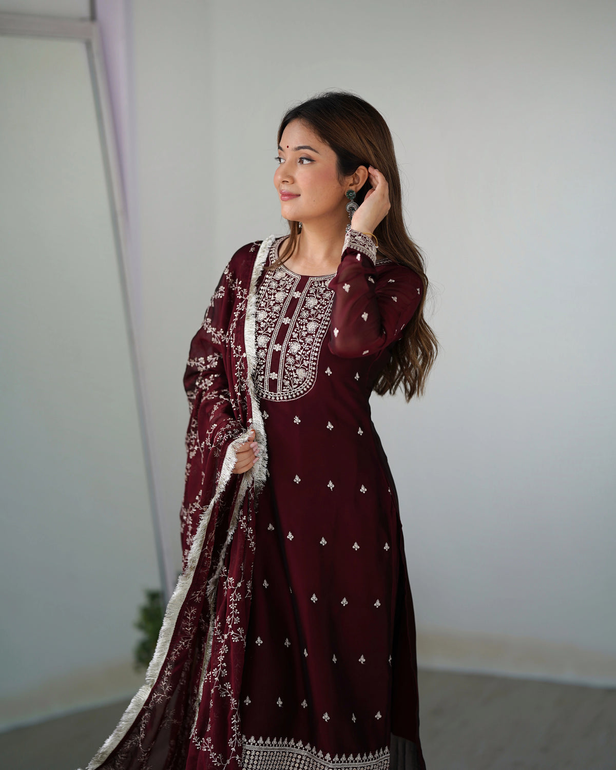 maroon sequins embroidered with thread work rangoli silk suit