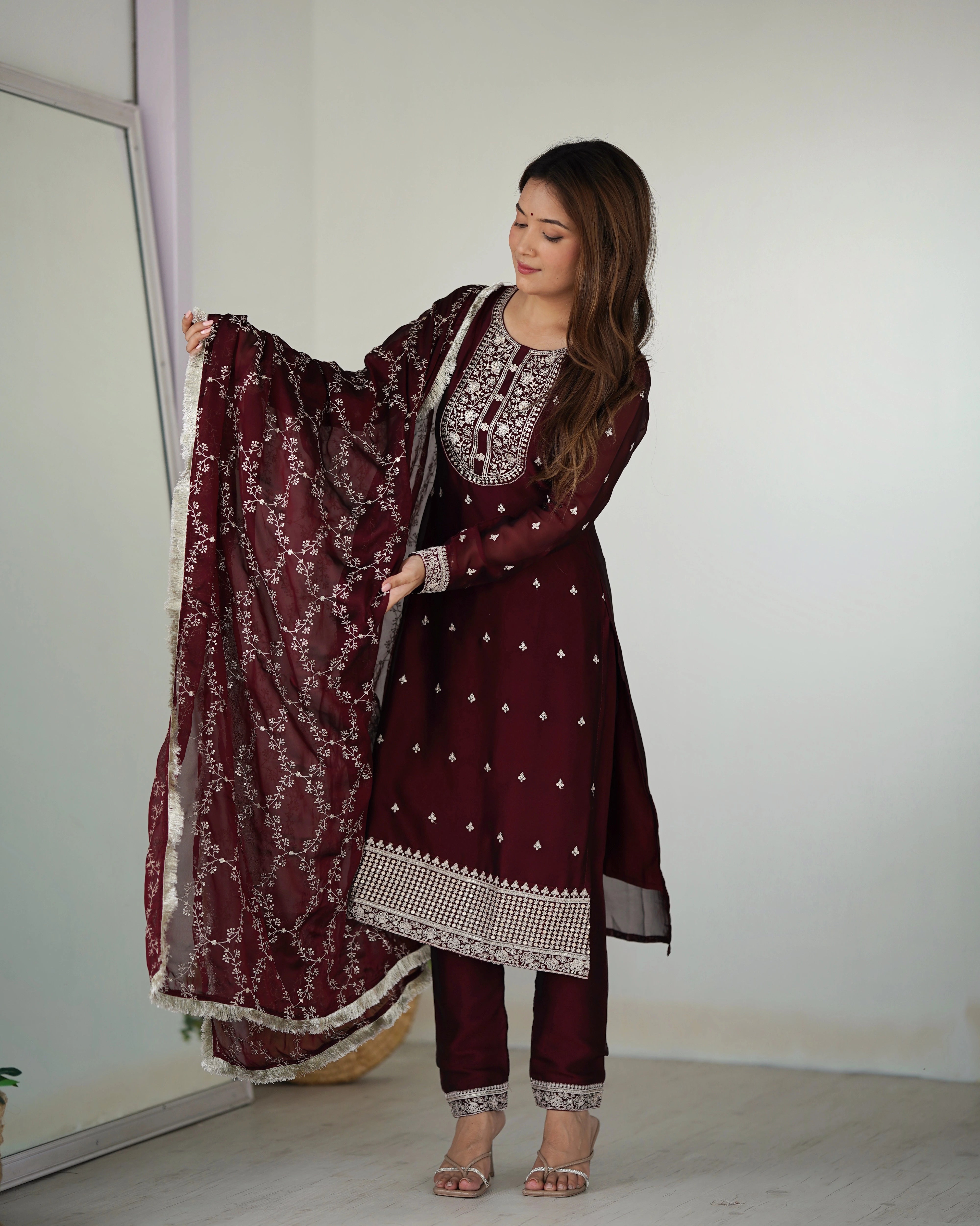 Maroon Sequins Embroidered With Thread Work Rangoli Silk Suit