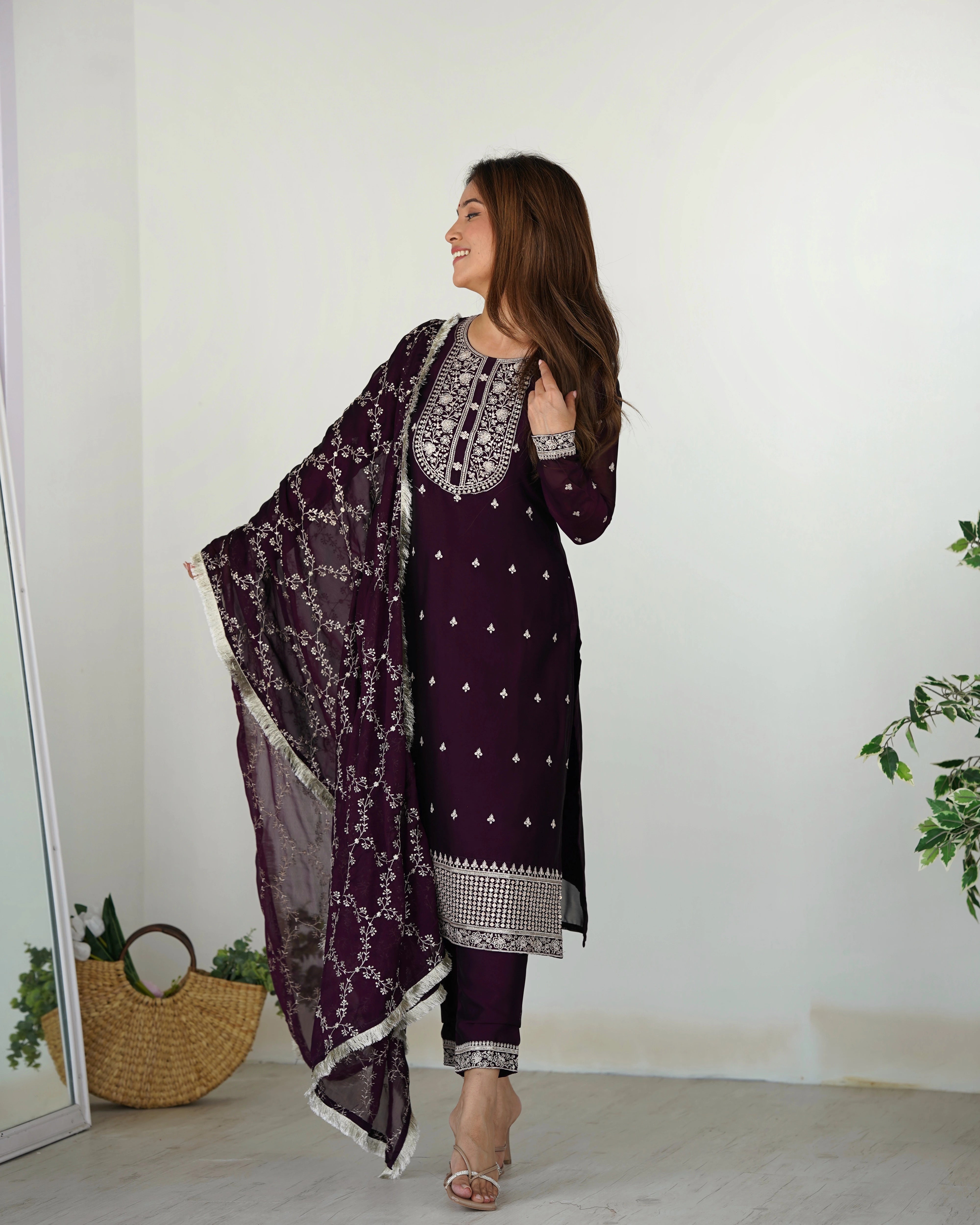 deep shade purple sequins embroidered with thread work rangoli silk suit