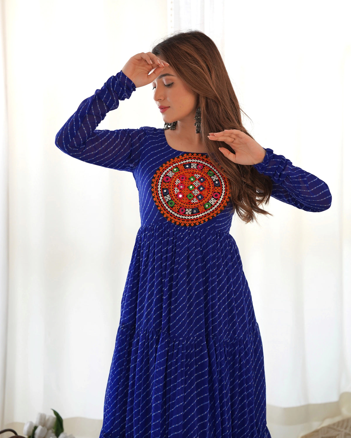 Blue Gamthi With Laheriya Print Fox Georgette Gown – Kalyanja
