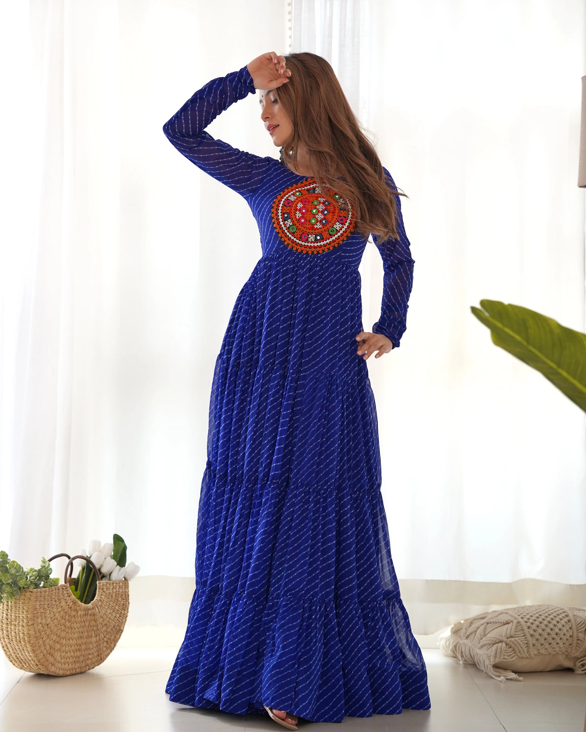 Blue Gamthi With Laheriya Print Fox Georgette Gown - kalyanja