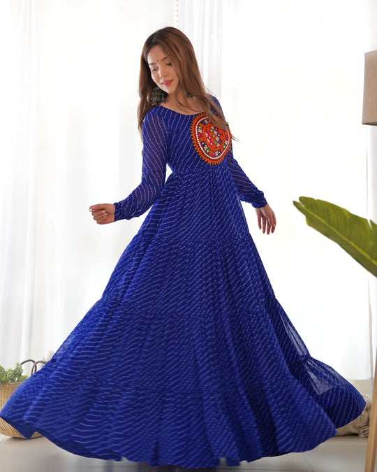 Blue Gamthi With Laheriya Print Fox Georgette Gown – Kalyanja
