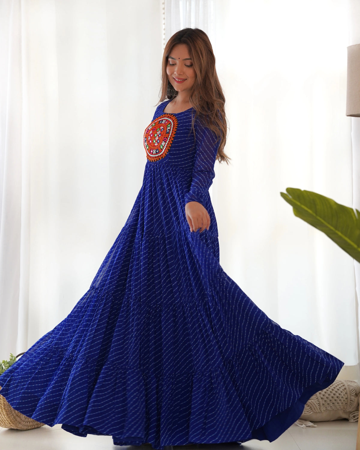 Blue Gamthi With Laheriya Print Fox Georgette Gown - kalyanja